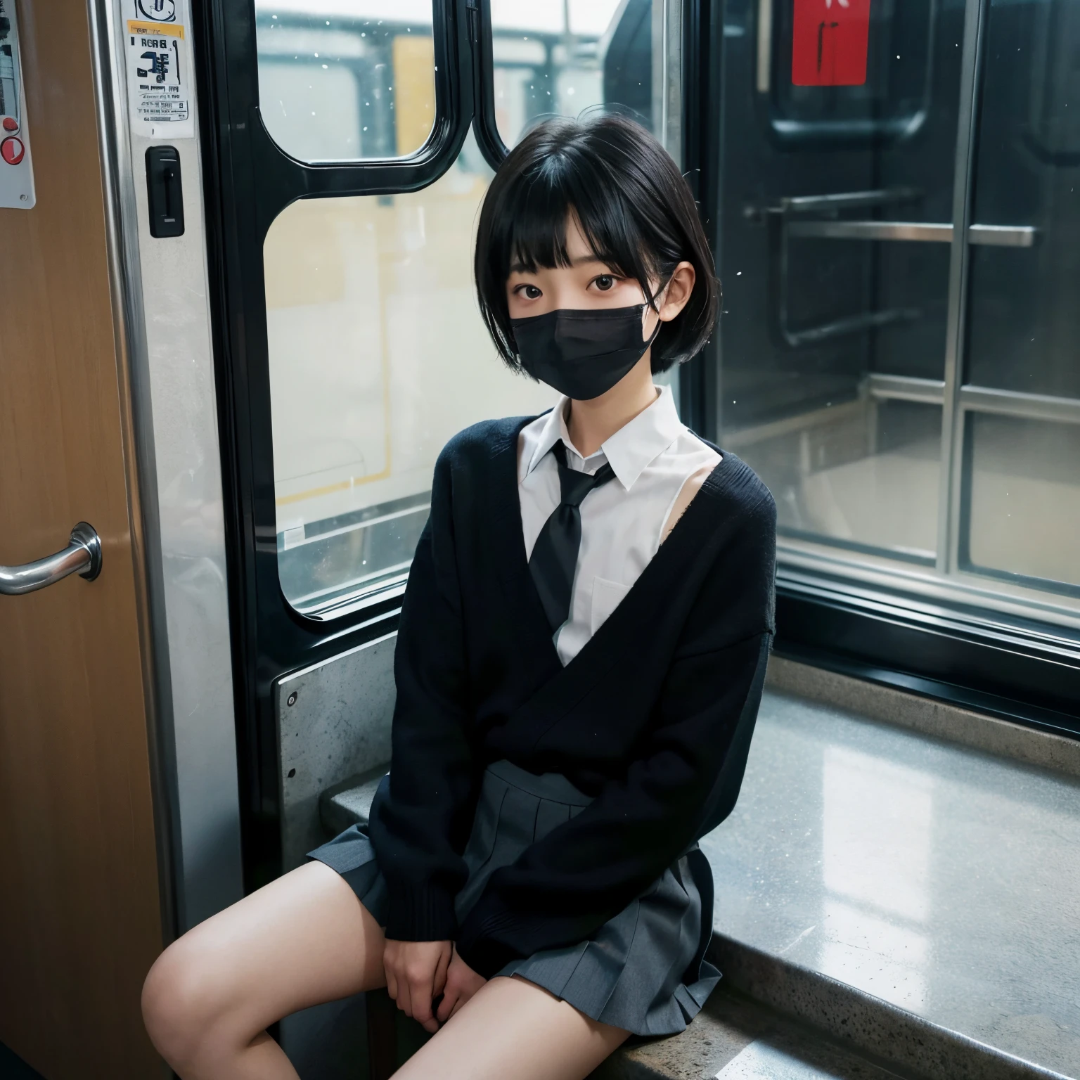 Japanese 1 little girl like boy , 10 years old looking at viewer, train, alpenglow, overcast, pale skin, petite, black hair, short hair, blunt bangs, expressionless, black eyes, black mouth mask , flat chest, small nipples, school uniform, white shirt, black sweater, red tie, gray skirt , sitting