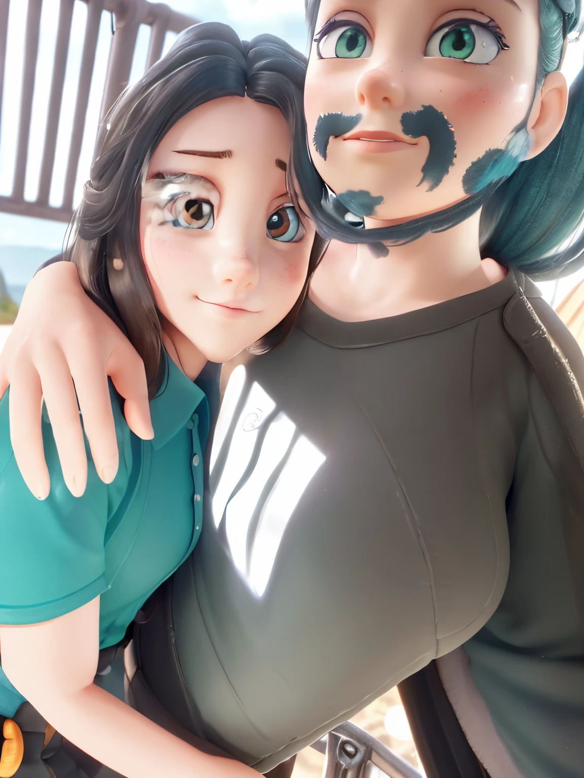masterpiece,((ligne claire)), limited palette,best quality, flat color, low contrast, ((1girl)),(((an extremelydelicateandbeautifulgirl))),(beautiful detailed face),(beautiful detailed eyes),{long hair},hair ornamen,((middle breasts)),long black hair,hair ribbon,school uniform , standing,((looking at viewer:1.6)), view from below,beautiful detailed sky,bright sky,cloudy sky,sunlight, (detailedlight),lighting,colorful,ocean,beach, bridge,way to school,sky scraper, autumn, haze