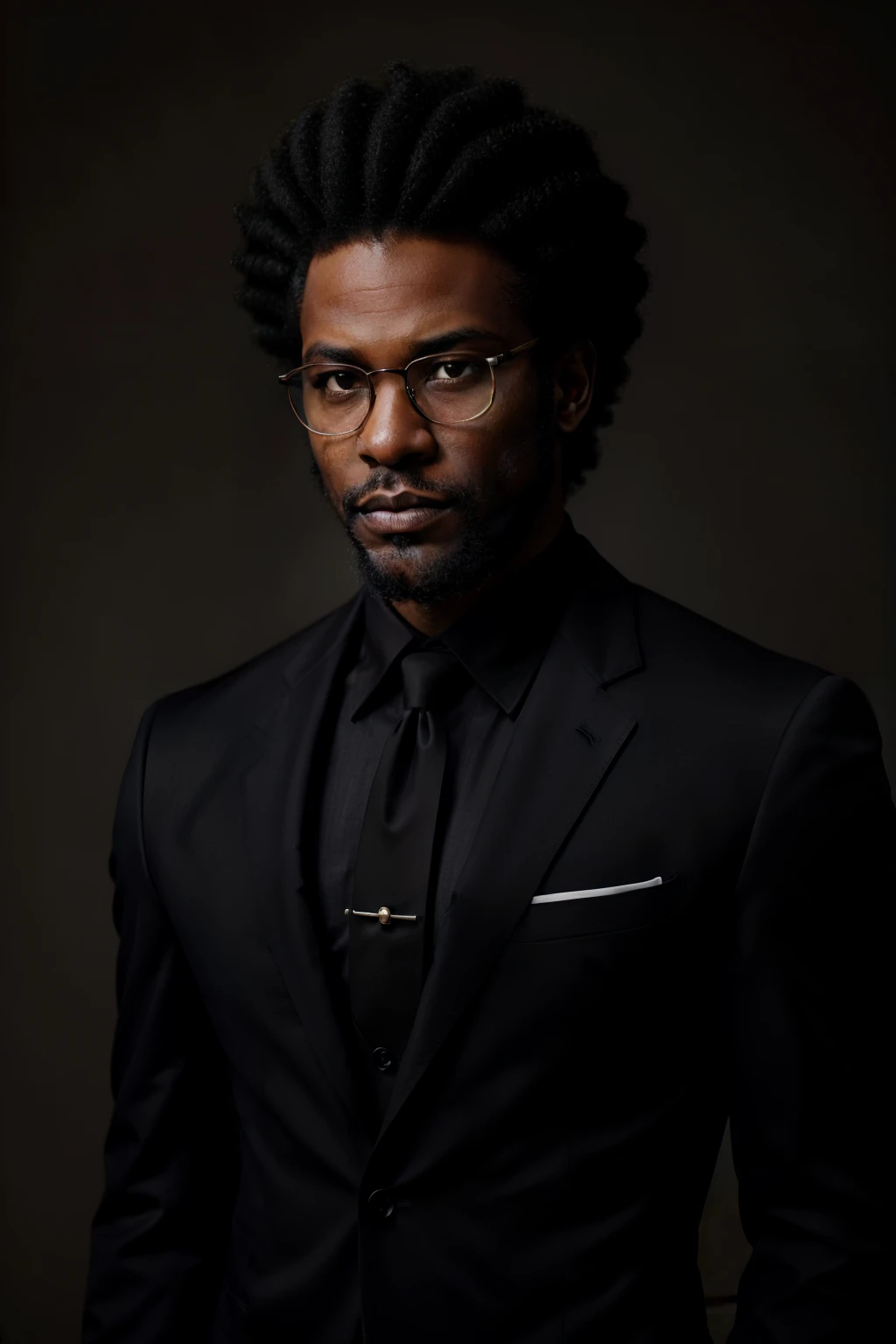 Black afro-american, elegant-cut hair, Wearing glasses, With black Ralph Lauren suit and slim-fit shirt, white beard, muscular body, very realistic, looking directly at the camera, highlighting his expressive face and his elegance, highly detailed, elegant, slate atmosphere, slate atmosphere