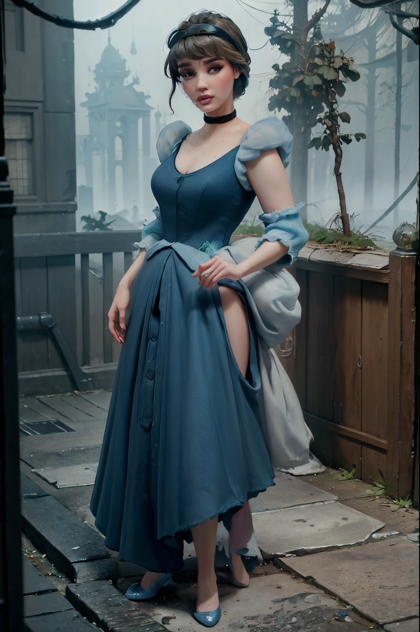 Ultra realstic Cinderella as, from the Street fighter franchise, seeing viewers with heavy muscled leg showcased in full body view, resolute glory amidst a cascading downpour, awash in the eerie, otherworldly illumination distinctive of James Jean's oeuvre, captured in 4K hyper-detail, portrayed as a digital art piece reminiscent of both Yuri Shvedoff's post-apocalyptic mastery and Tom Bagshaw's haunting, evocative style, brought to vivid realism through 3D trickery, the distinctive touches of Sylvain S