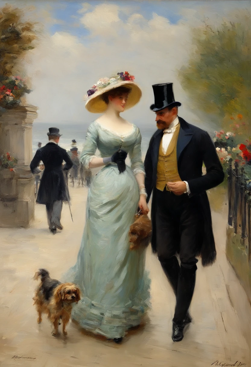 An elegant gentleman and a young, beguilingly beautiful Victorian lady with a small dog on a lead stroll along an elegant boulevard with a view of the sea Painting by Adolphe Menzel, masterpiece