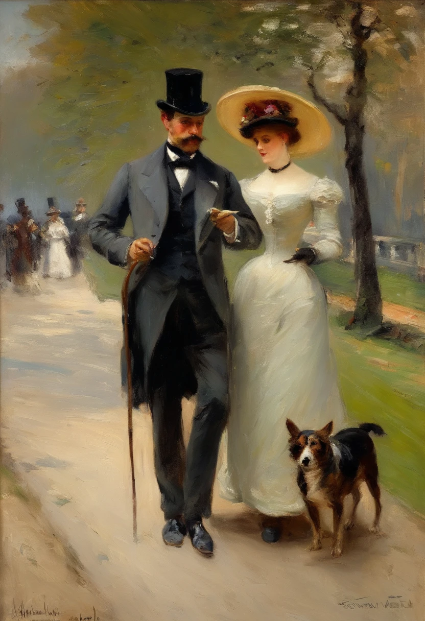 An elegant gentleman and a young, beguilingly beautiful Victorian lady with a small dog on a lead stroll along an elegant boulevard with a view of the sea Painting by Adolphe Menzel, masterpiece