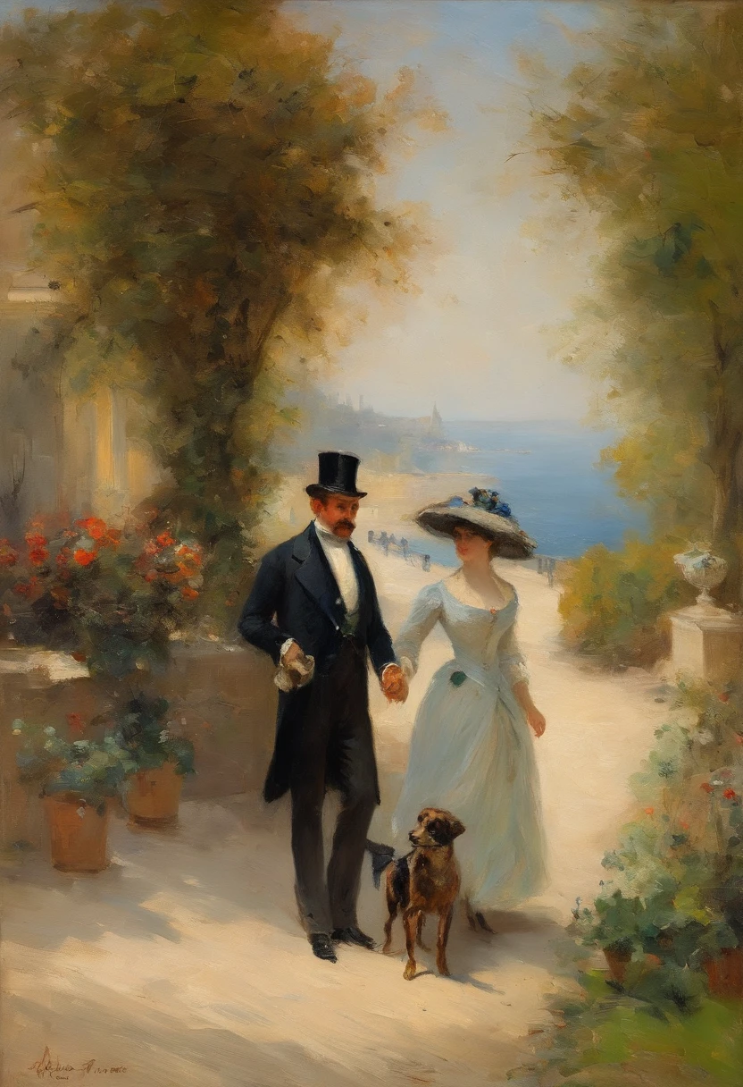 An elegant gentleman and a young, beguilingly beautiful Victorian lady with a small dog on a lead stroll along an elegant boulevard with a view of the sea Painting by Adolphe Menzel, masterpiece