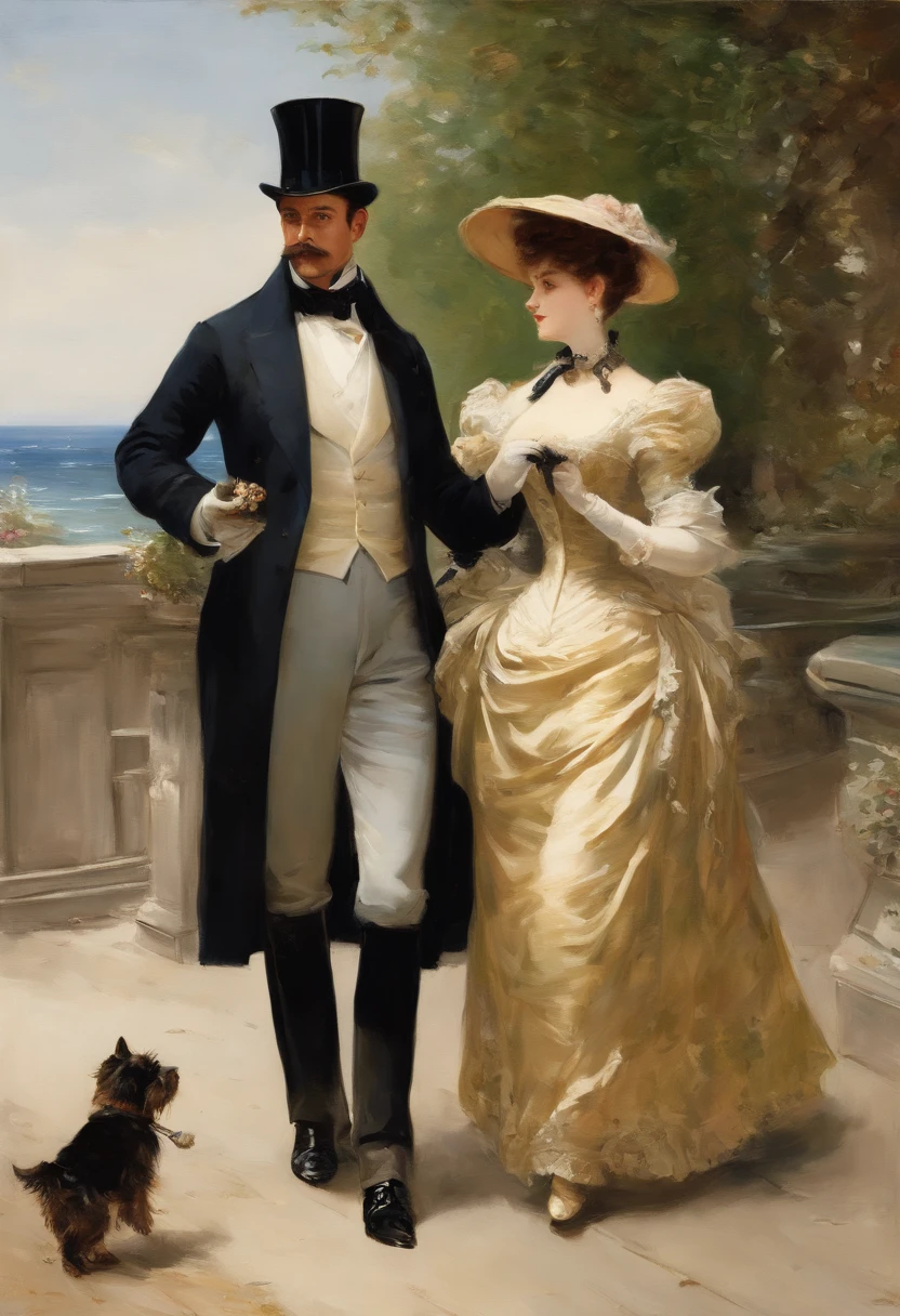 An elegant gentleman and a young, beguilingly beautiful Victorian lady with a small dog on a lead stroll along an elegant boulevard with a view of the sea Painting by Adolphe Menzel, masterpiece