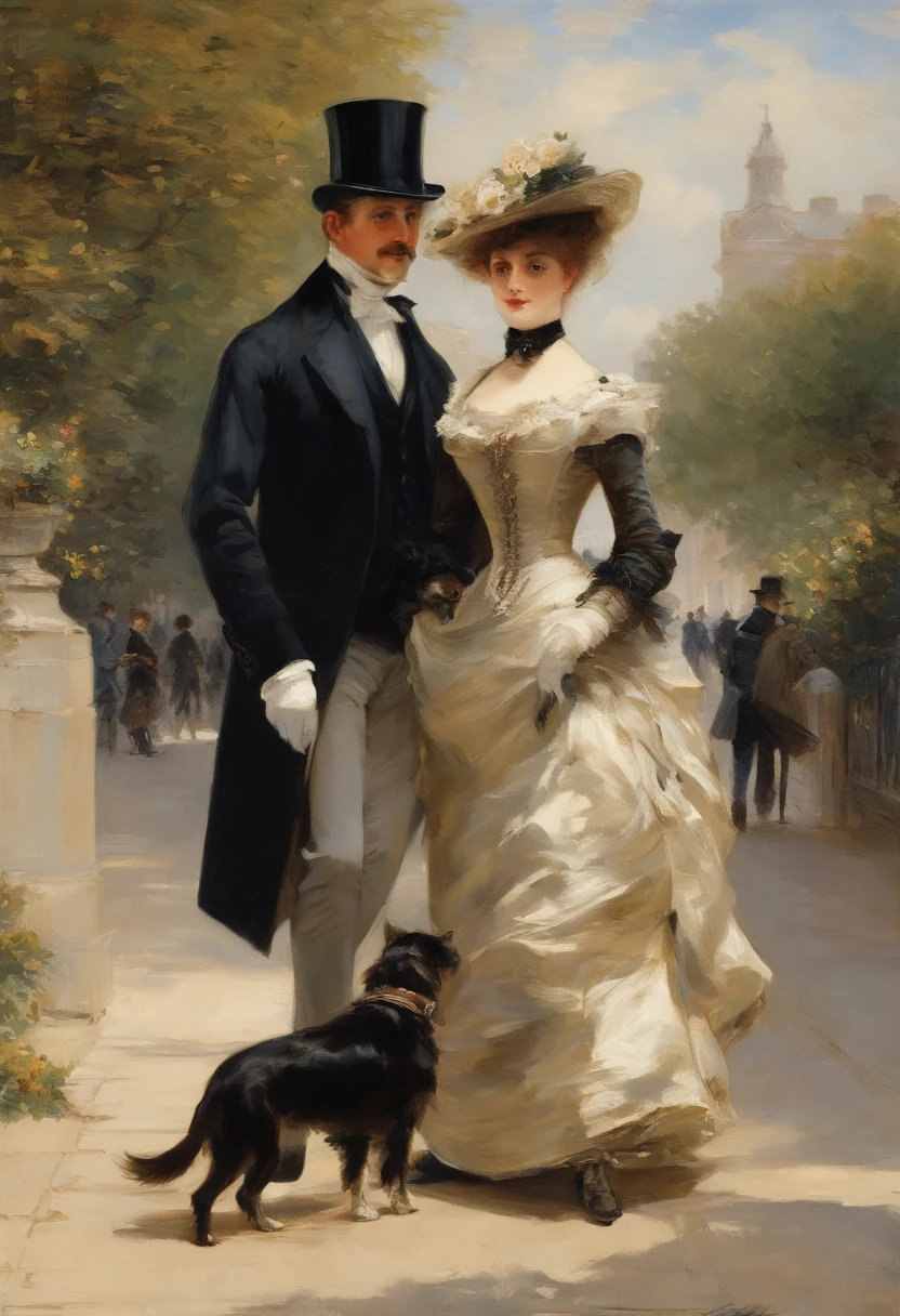 An elegant gentleman and a young, beguilingly beautiful Victorian lady with a small dog on a lead stroll along an elegant boulevard with a view of the sea Painting by Adolphe Menzel, masterpiece