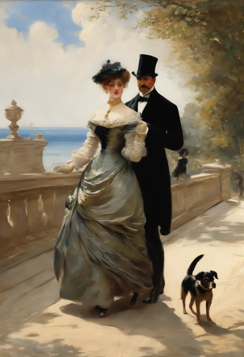 An elegant gentleman and a young, beguilingly beautiful Victorian lady with a small dog on a lead stroll along an elegant boulevard with a view of the sea Painting by Adolphe Menzel, masterpiece