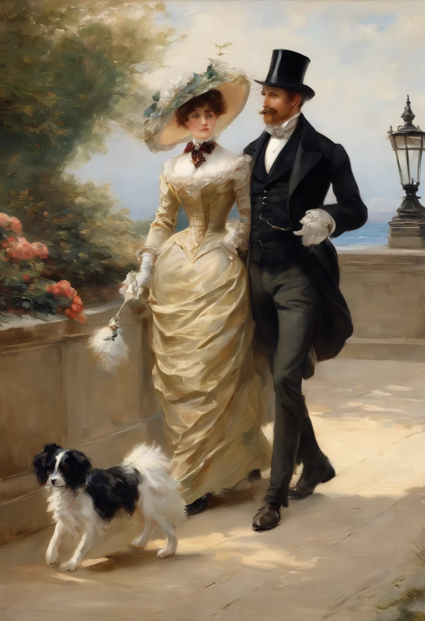 An elegant gentleman and a young, beguilingly beautiful Victorian lady with a small dog on a lead stroll along an elegant boulevard with a view of the sea Painting by Adolphe Menzel, masterpiece