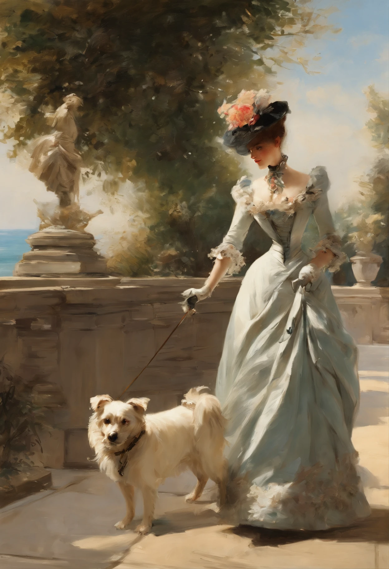 An elegant gentleman and a young, beguilingly beautiful Victorian lady with a small dog on a lead stroll along an elegant boulevard with a view of the sea Painting by Adolphe Menzel, masterpiece