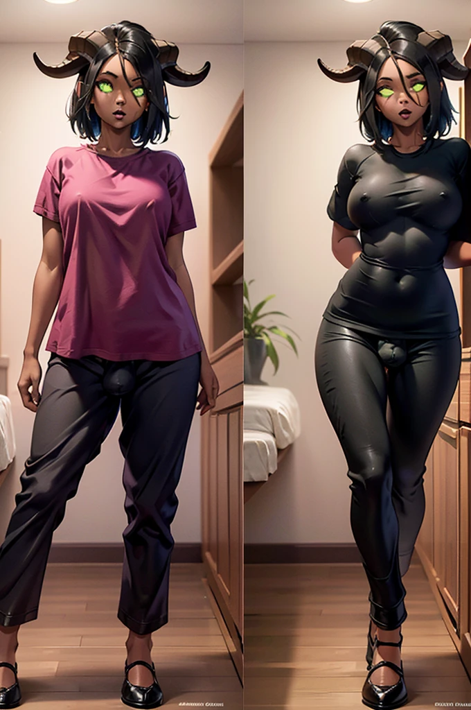 (Solo girl) (Masterpiece) (High Detail) (High Res) (Black Skin) (Single Panel) Looking from below A single tall black humanoid girl with dark skin and ebony flesh and green eyes and short black hair and half her head shaved and goat ears and short dark goat horns and a toned body and average to small breasts and penis wearing pajamas with a large bulge in her pants alone in the bedroom