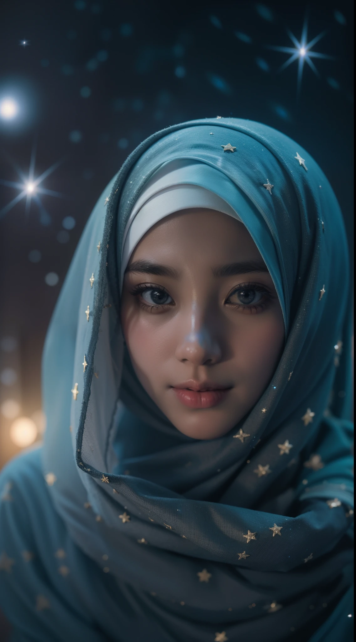 Craft a celestial-themed portrait of a Malay girl in hijab. Illuminate the hijab with stars and galaxies, blending the earthly with the cosmic in a mesmerizing and ethereal composition, 8mm, Close-up shot, cool-toned color grading, depth of field, film noir