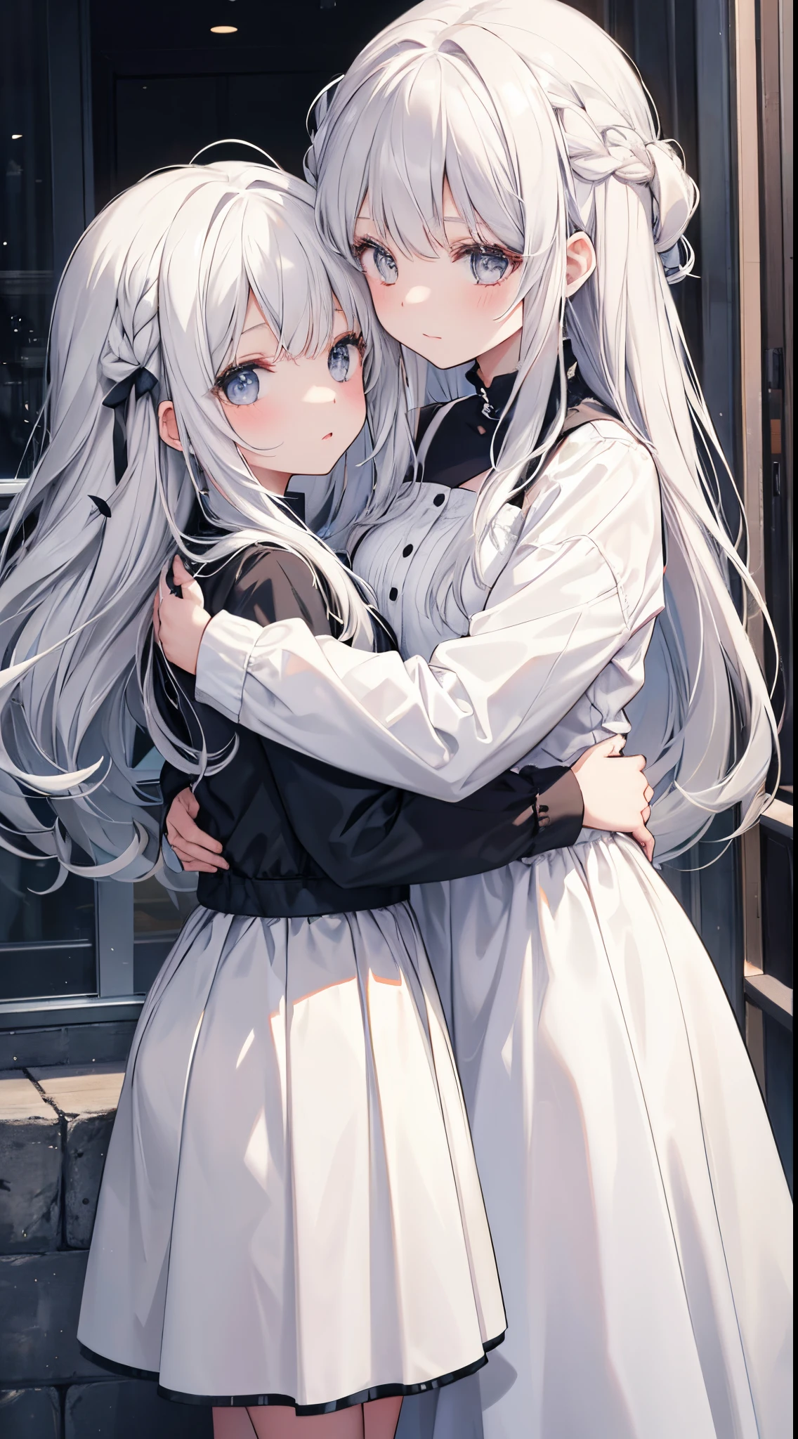 2girls,girl1:adolable,white color hair,Long grey hair,Girl 2:white color hair,Long grey hair, huging,
