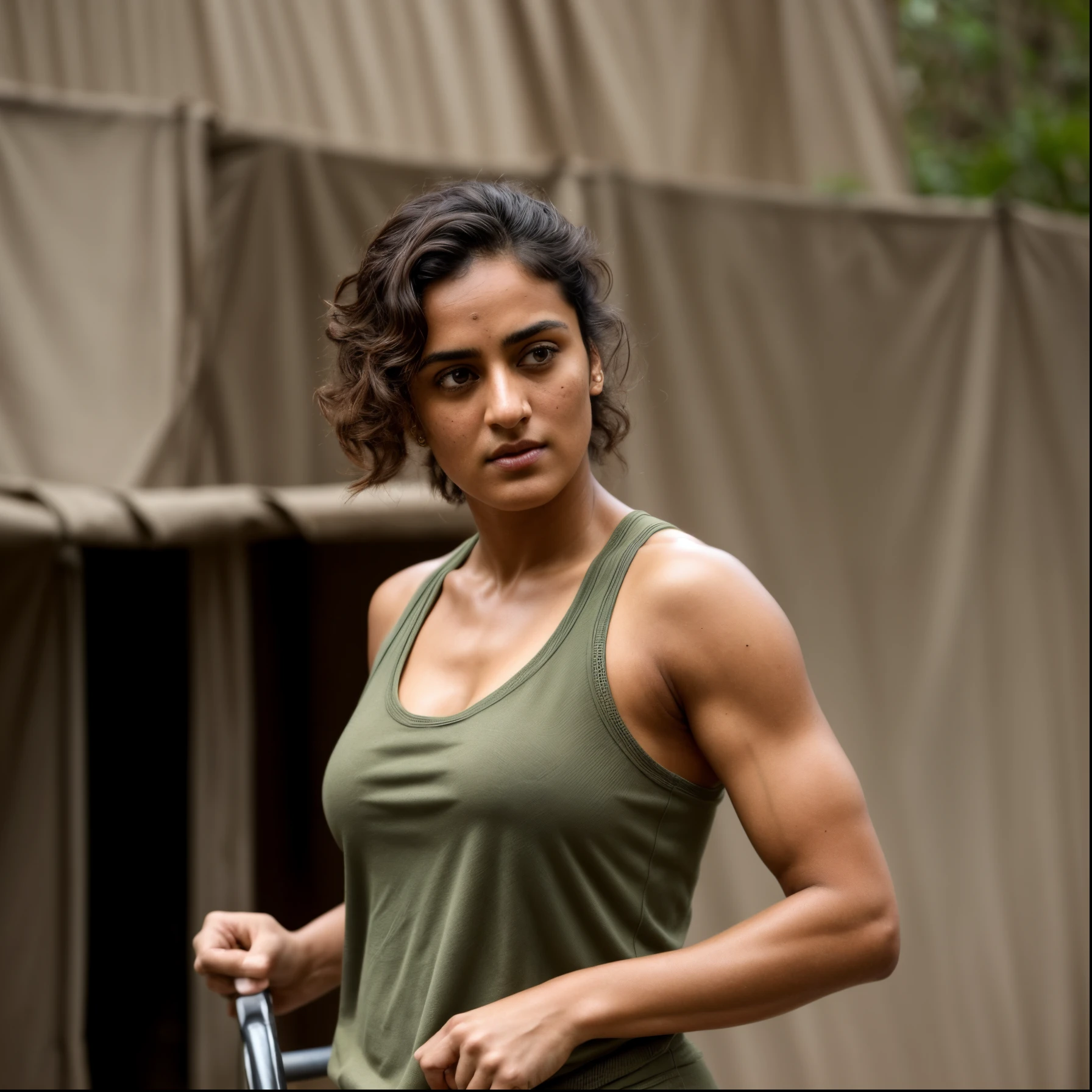 Face of PV Sindhu and Tapsee Pannu, perfect thick dusky Beauty, dynamic lighting, wearing olive green Knit Cami top, She is the combination of Beauty and power, detailed hairy armpits, super hot cop, mascular Woman doing exercise, full of sweat, sweaty body, sweat, shiny skin, movie stills, cinematic portrait, cinematic Lightning, Highest quality, (dramatic lighting:0.7), masterpiece, high angle shot, perky breast, big tight breast, RAW photo of (pale 45 year old military Special Force woman with short styled hair, mascular woman with heavy physique, looking up at the viewer), cute, Extremely sweat, (wearing sleeveless
square neck vest, thin cotton ), doing free hand excercise in a military camp in jungle, portrait, perfect face, beautiful eyes, vivid detail, (highly detailed skin), freckles, sfw, (blue tint:0.6), (dirty:0.8), (bloody:0.7), key lighting, (backlighting:0.5), medium depth of field, photographed on a Canon 5D, 50mm lens, F/4 aperture, (hyperdetailed, intricate details), sharp focus, muted colors, 8k, absurdres, 8mm film grain, war photography, perfect eyes, detailed eyes, sharp focus,