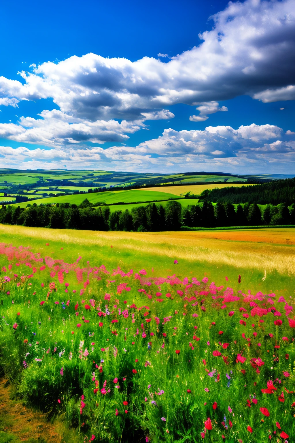 steppe landscape,blue sky and clouds, green forest, dingdall effect,a country road,Colorful hot air balloon,high quality desktop wallpaper, verdant forest, Detailed field properties, beautiful english countryside, amazing scenery, endless rolling hills, scenery wallpaper, lush countryside, patches of green forest, amazing scenery, Green field in the background, high-quality wallpaper, beautiful wallpaper