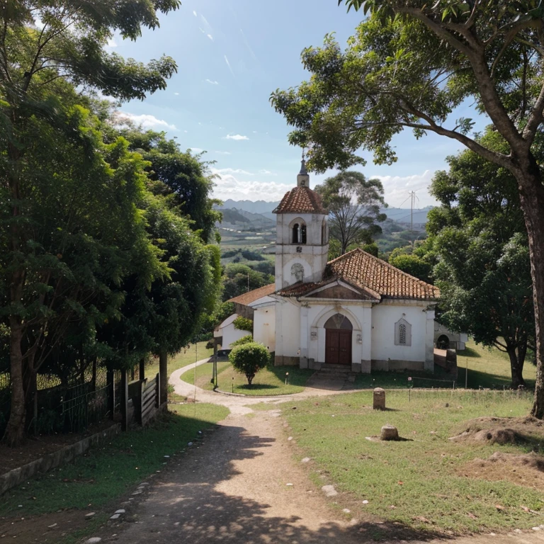 Vista pamoramica de um Vilarejo na serra com floresta ao redor. There is a church in the center, em frente a essa igreja, A square