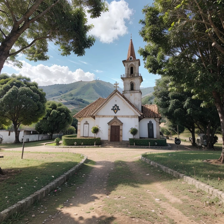 Vista pamoramica de um Vilarejo na serra com floresta ao redor. There is a church in the center, em frente a essa igreja, A square