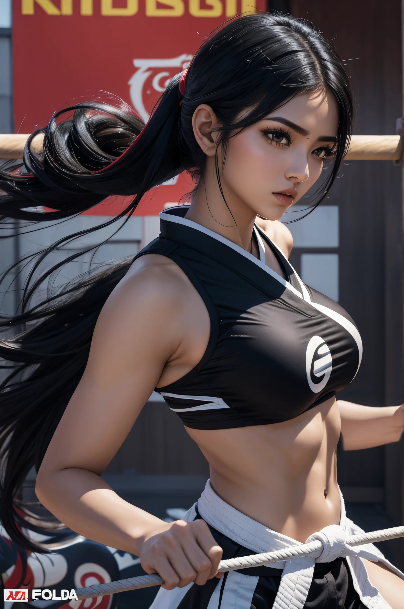 Ryu de Street Fighter versión mujer, sexy girl, beautiful face, poderosa, traje sexy de artes marciales color blanco, young, skynny body, small and beautiful buttocks, toned abdomen, beautiful breasts, obscene, sensual, esta en un dojo de artes marciales de Japón, dramatic background, hadoken, esta rodeada de fuego, partículas de fuego la rodean, energia ardiente, ella esta dando una patada al aire, ella esta entrenando karate, sensual look, beautiful brown eyes, classic hairstyle,Hair dyed in bright black color, best quality,4k,8k,A high resolution,masterpiece,ultra detailed,Realistic, Photorealistic,photo realistic, ultra realista
