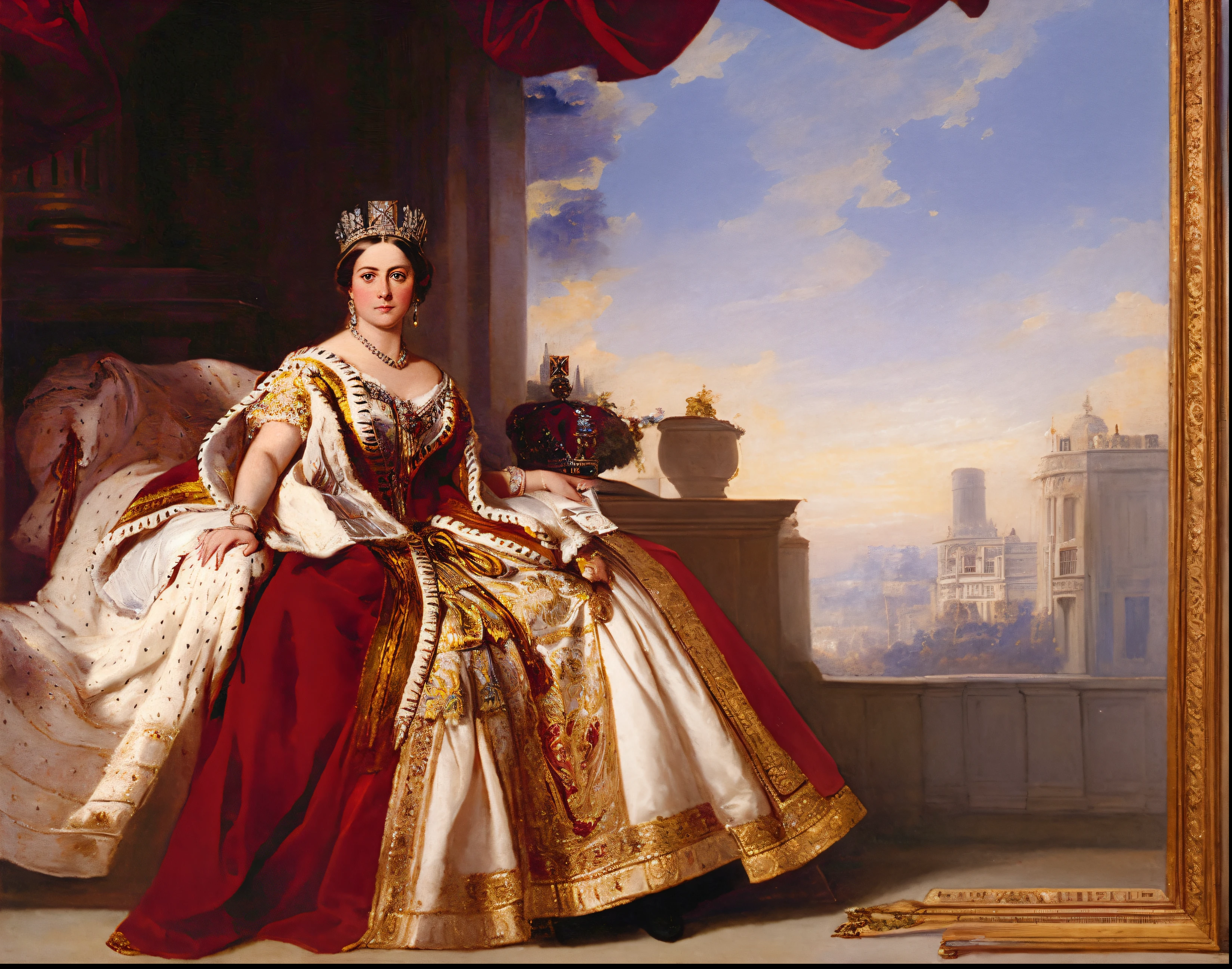 Arafed portrait of a woman in a red dress and crown, Queen Victoria, Victorian, Franz Xaver Winterhalter, Victoria, Portrait of the Queen, based on Franz Xaver Winterhalter, Royal portraiture, majesty in noble clothes, The Queen of England, Masterpiece', Portrait of the Queen, 1 8 3 0 s Painting in style