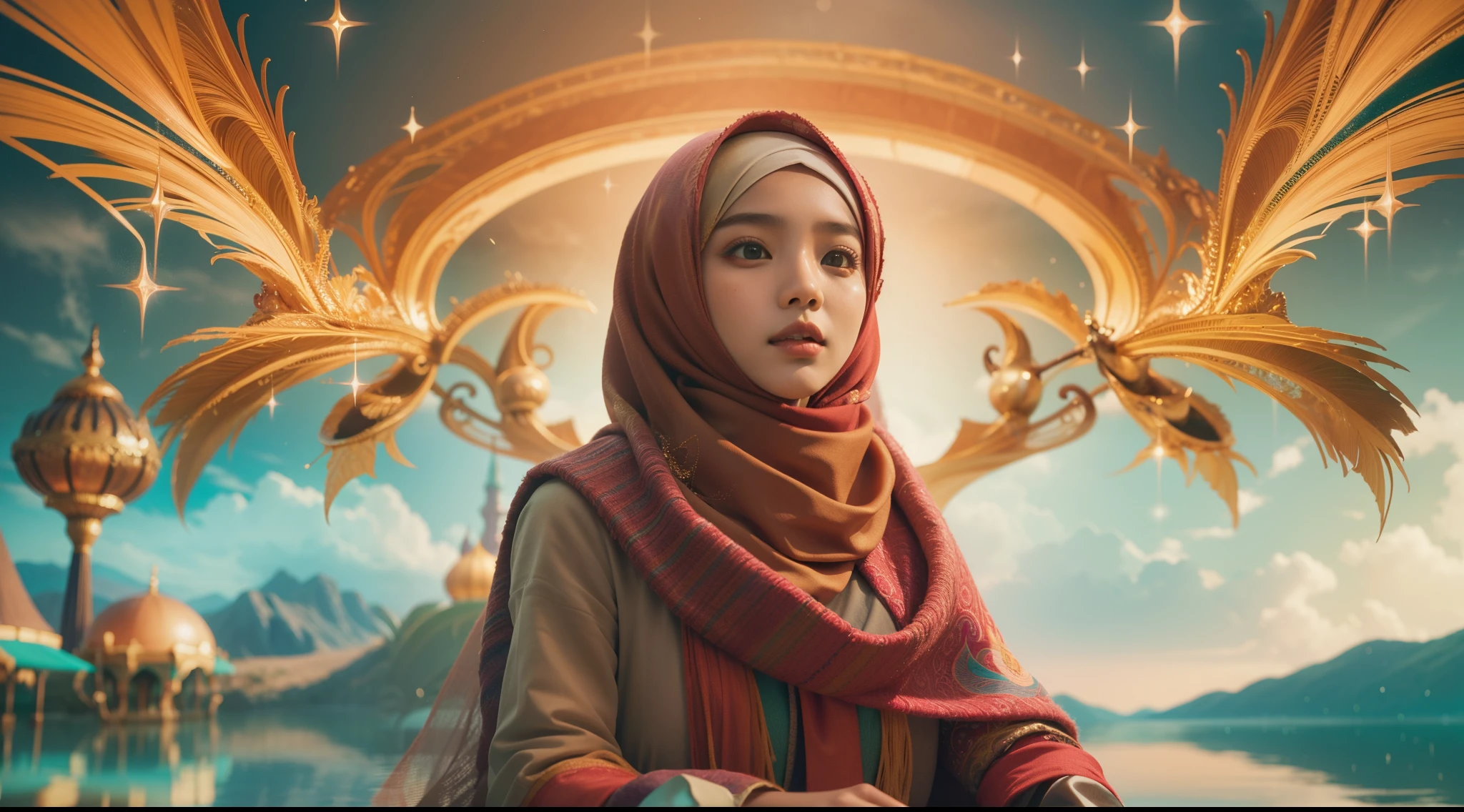 Design a surreal image of a Malay girl in hijab floating on a magical oasis in the sky. Surround her with vibrant colors and fantasy elements, creating a dreamlike atmosphere, Super 8mm, Low angle shot, bright color grading, depth of field cinematography effect, western movie style,high quality, ultra detail, 8k resolution,