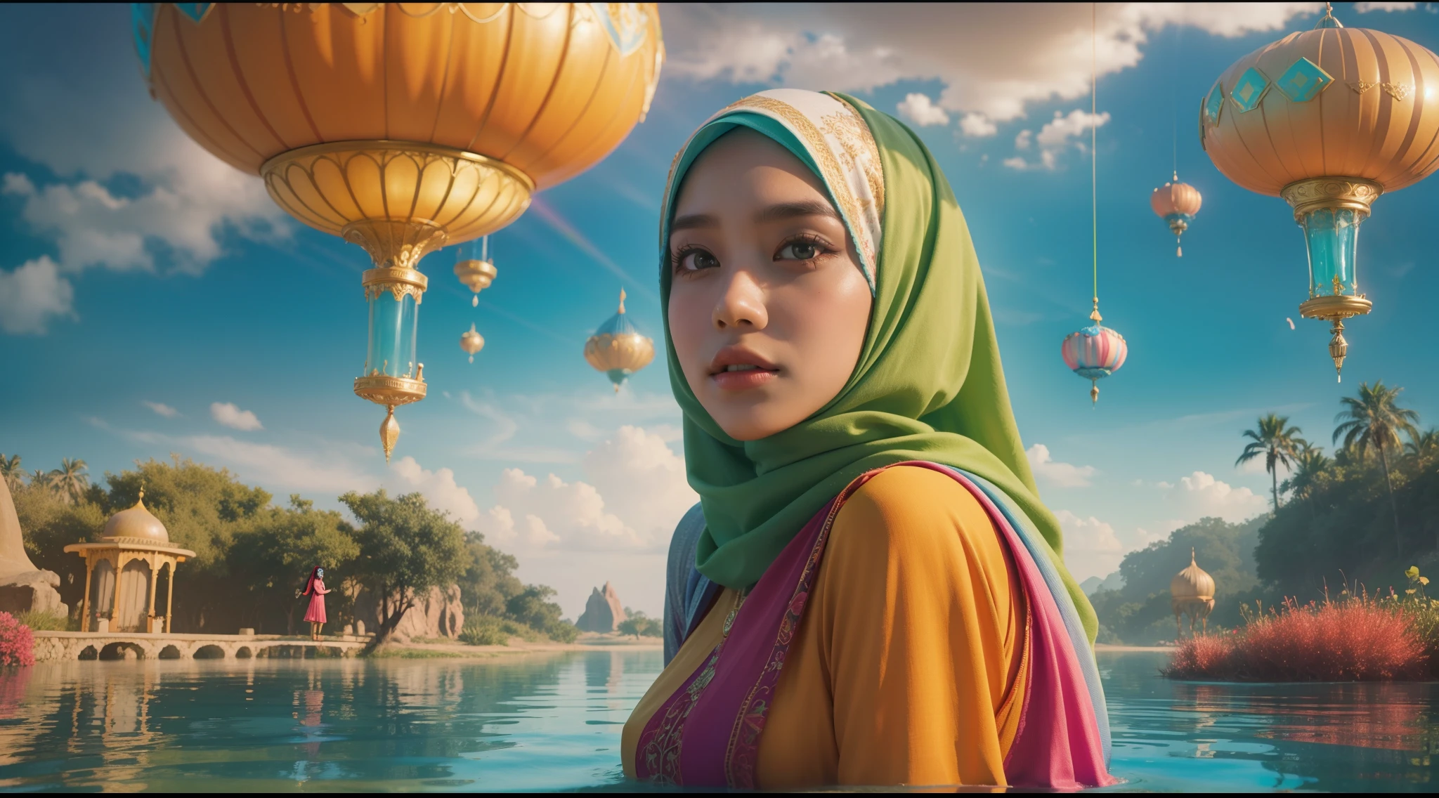 Design a surreal image of a Malay girl in hijab floating on a magical oasis in the sky. Surround her with vibrant colors and fantasy elements, creating a dreamlike atmosphere, Super 8mm, Low angle shot, bright color grading, depth of field cinematography effect, western movie style,high quality, ultra detail, 8k resolution,