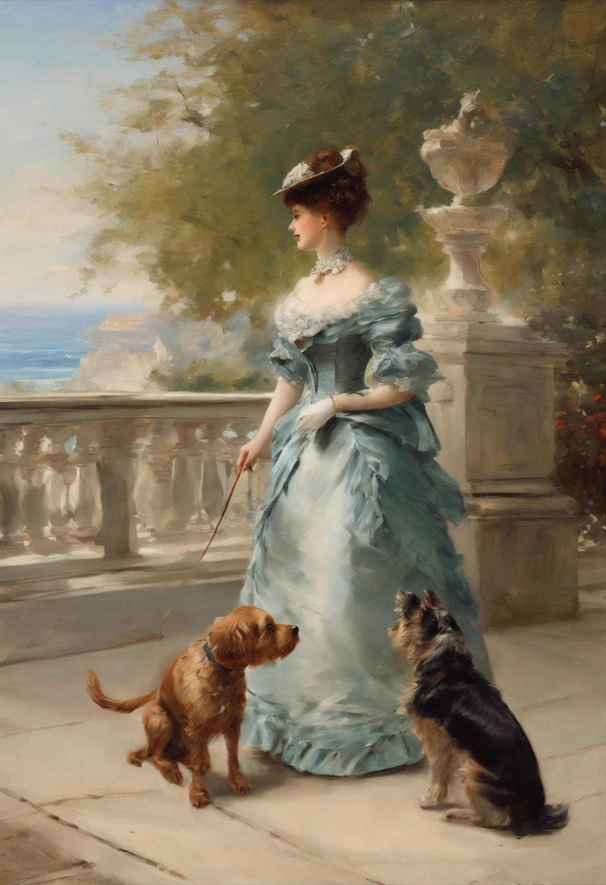 An elegant gentleman and a young, beguilingly beautiful Victorian lady with a small dog on a lead stroll along an elegant boulevard with a view of the sea Painting by Adolphe Menzel, masterpiece