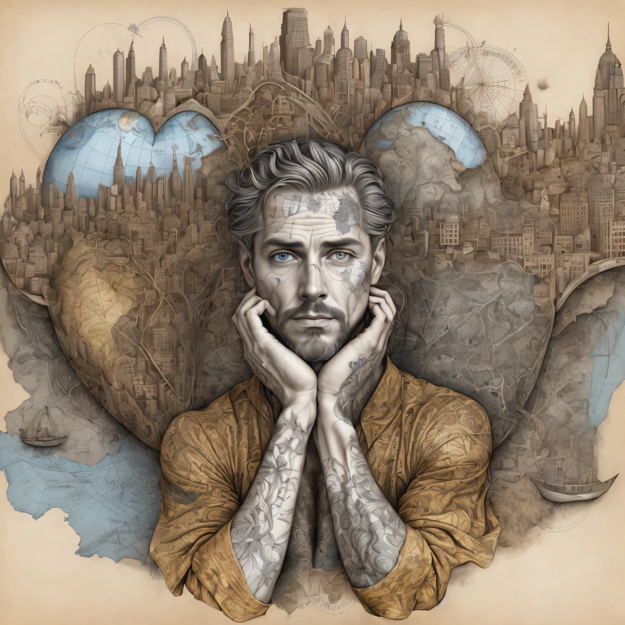 There is a picture of a man with his hands on his face., Complex portraits, Inspired by John Foster, Aaron Hokey, Complex heterochromatic sad, detailed portrait, kerem beyit, extremely detailed man, John Foster, illustrative art, by Galen Dara, by Keren Beiit, Chris Rahn, Portrait of Alan Watts