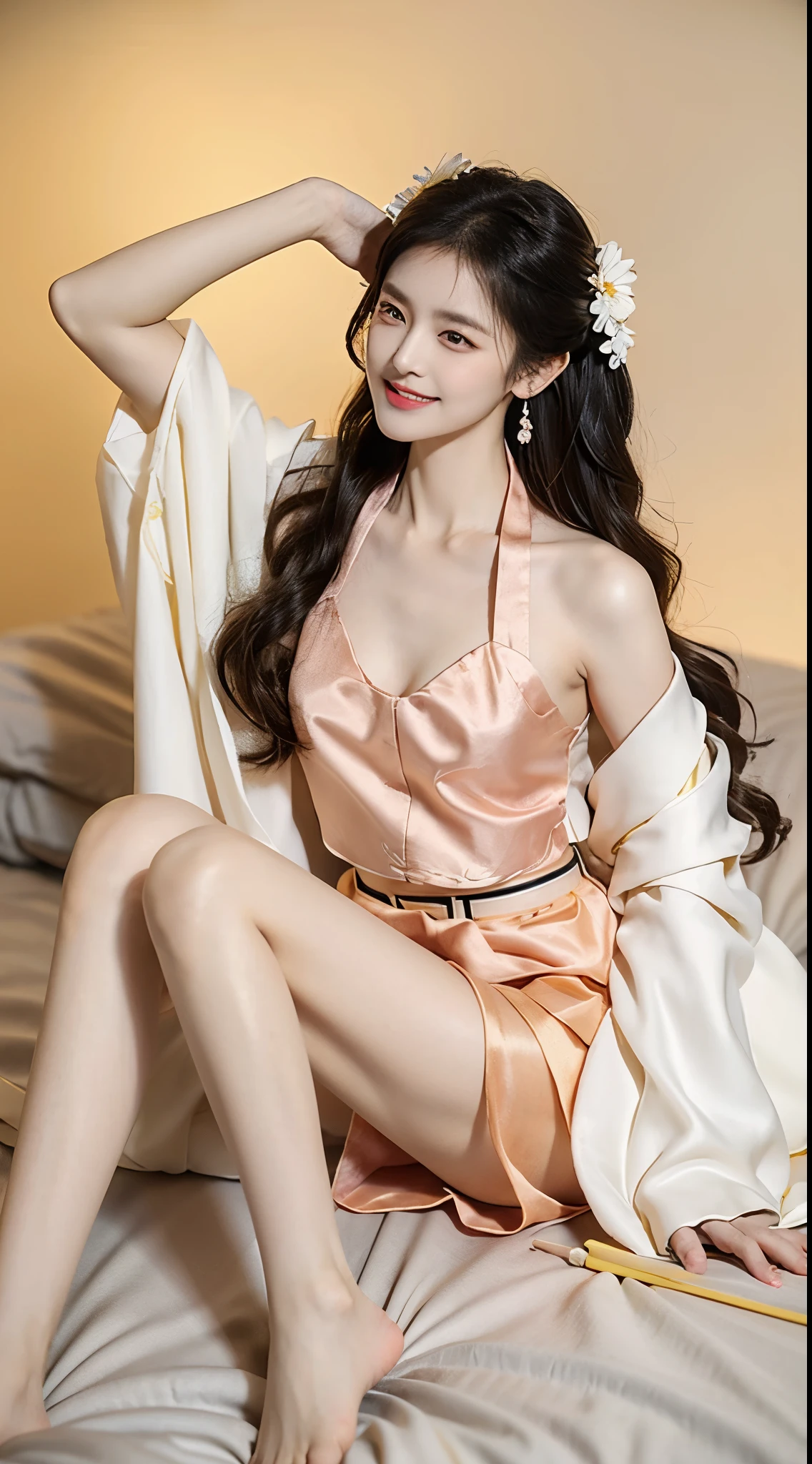 ((knee shot)), Satellite view, Bird's eye view, ((actual)), 1 Asian female model, A young girl, (closeup cleavage), (Lie down in bed, Cross ed leg), Pleasing posture, Various postures attract attention, Flirting skirts, detailed scene, slender leg, curlies, hair pin, beautiful hair ornaments, Brownish-yellow hair, light make-up, blush blush, gloss on the lips, (Hanfu), ((White flower hanfu, draped in silk, DEEP-V COLLAR, high-waist, nice belt)), (white colors, Light yellow), ((warmly lit, Warm color palette)), (Extremely high color saturation), detailed detail, ultra - detailed, (tmasterpiece, Best quality), (An extremely delicate and beautiful work), elaborate earrings, delicatenecklace, simple blurr background, Extremely detailed description, Ultra-fine painting, s delicate face, slim toned body, Slimming the waist, (happy grin), (Anatomical correct)