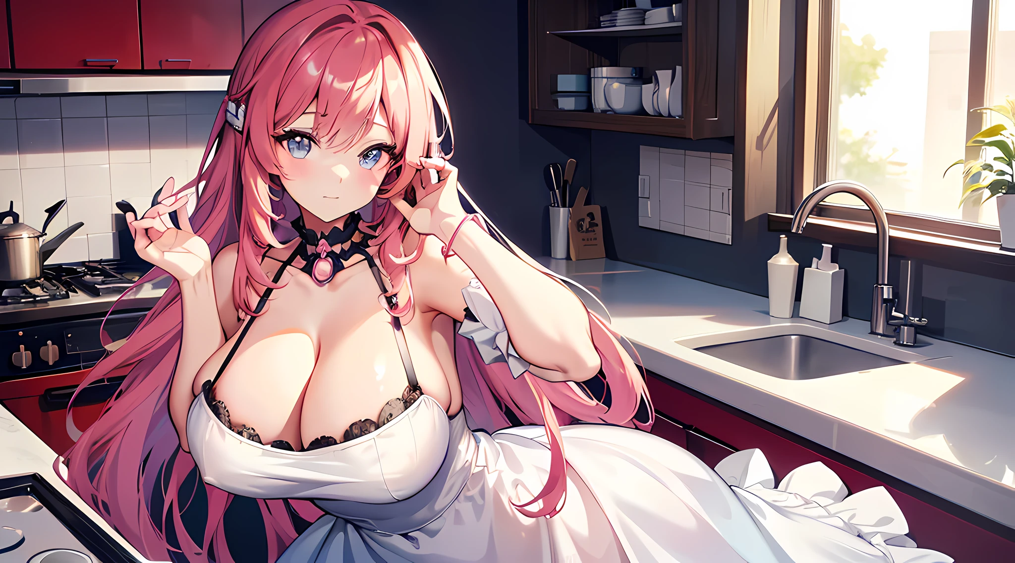 anime girl with big breast posing in a kitchen, beautiful eyes finely detailed, seductive anime girl, smooth anime cg art, oppai, anime moe artstyle, girl in dress, [ 4 k digital art ]!!, thicc, cute anime waifu in a nice dress, (sfw) safe for work, fluffy chest, marin kitagawa fanart, attractive anime girl