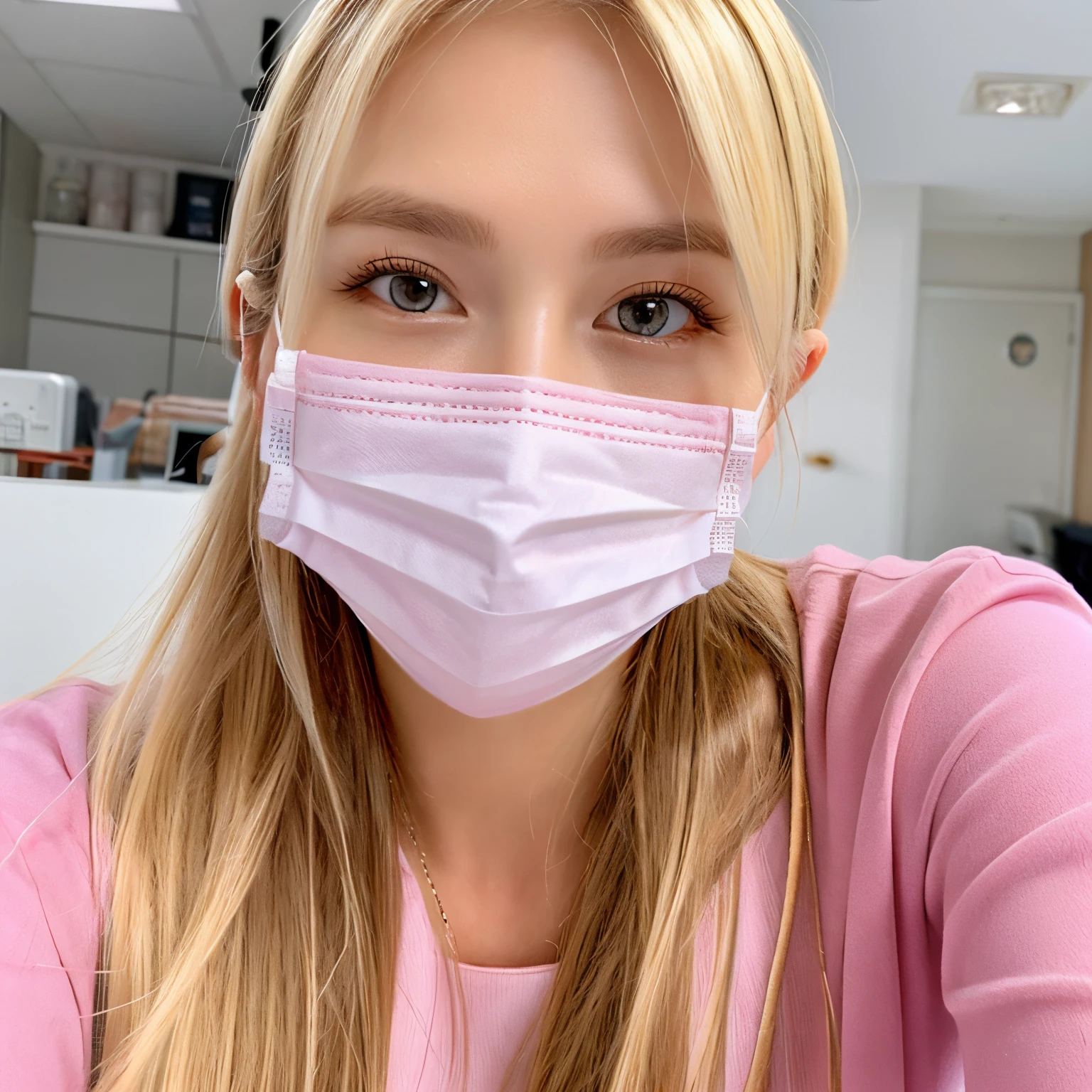Three-dimensional mask、Beautie、1 Czech woman、Nurse、pretty blonde、Pink Surgical Mask、18year old、sexy pose、