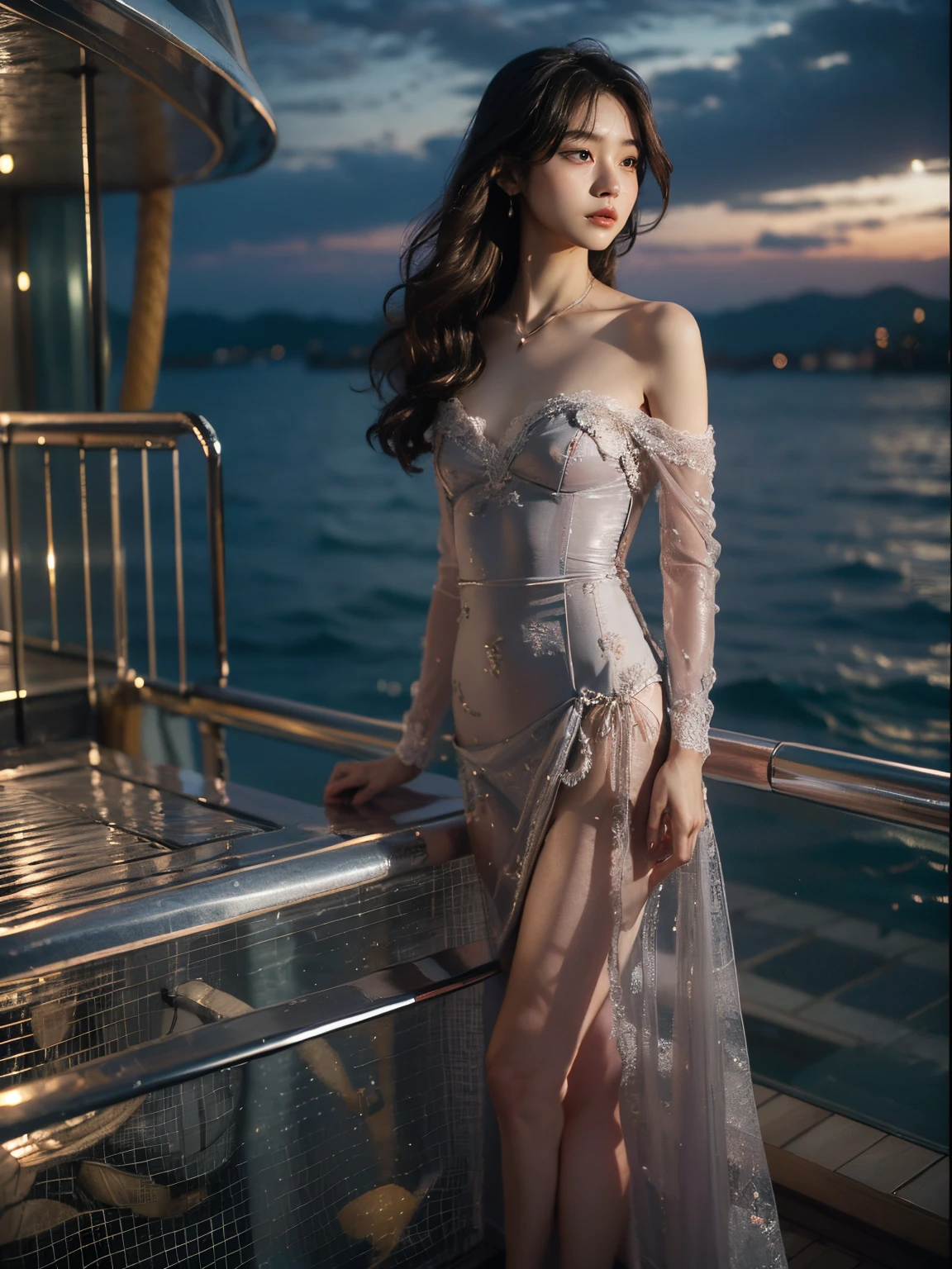 8K, Raw photo, Photorealistic, Realistic, (Detailed skin, Best Quality:1.2), (Japanese college girl standing in Deck of luxury cruise ship, ocean), ((wearing black lace evening dress over naked, off-shoulder, lace, see-through, side slit, long dress)), ((wavy long hair:1.4, one-length hairstyle), (neat face, looking away), (((small chest:1.3))), Fairer skin, thighs