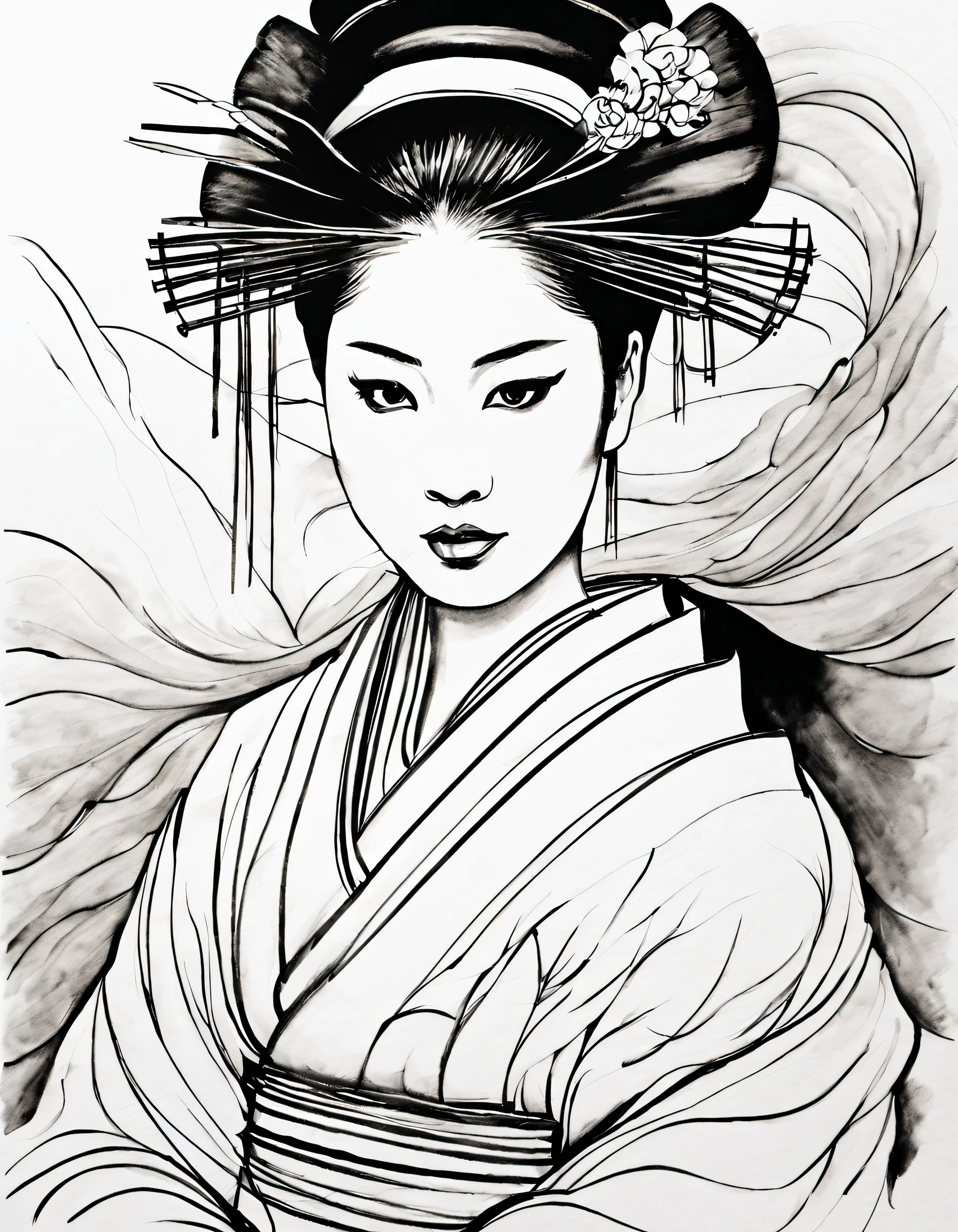 (Japanese geisha portrait drawn with simple lines), undulating lines, Thick and thin lines, , line art, Black and white painting,character drawing,line art,lyrical abstraction, Fountain Pen Art,Gel Pen,crayon art,Chinese traditional ink body art style,ukiyo-style