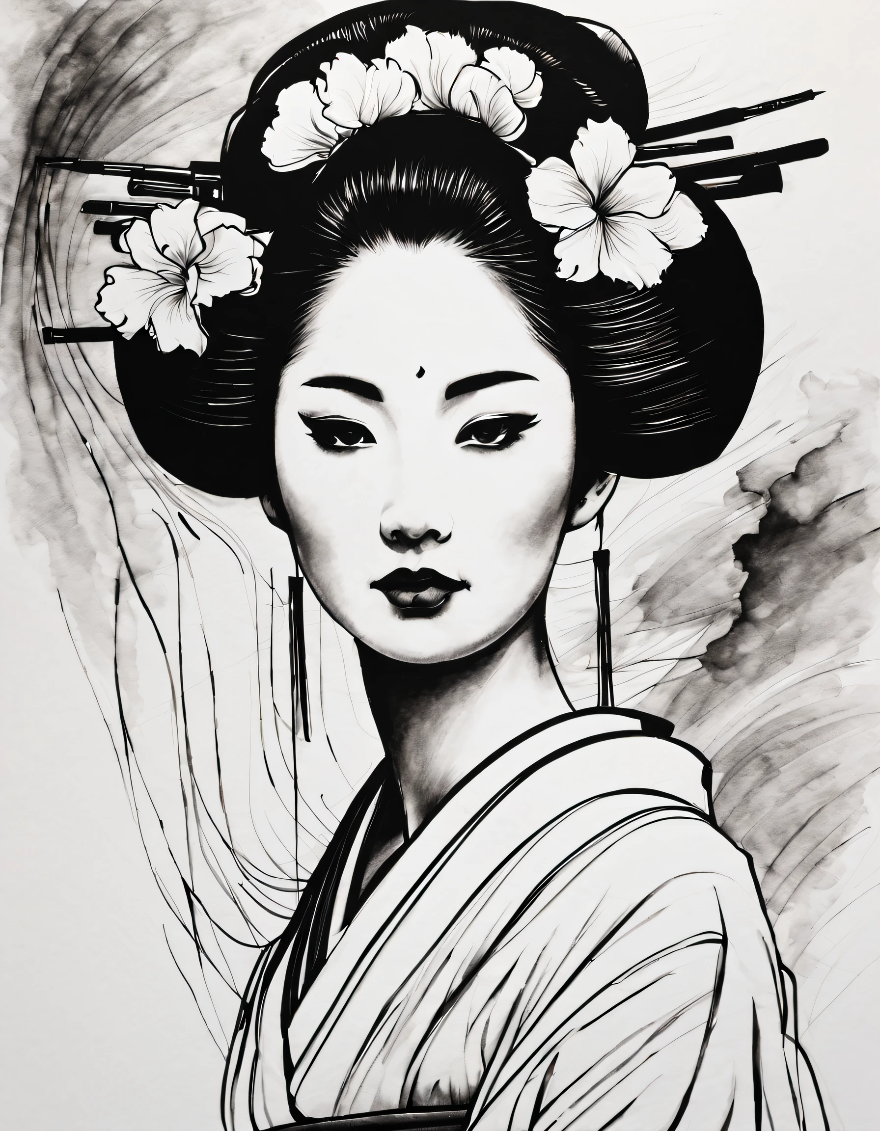 (Japanese geisha portrait drawn with simple lines）， undulating lines, Thick and thin lines, , line art, Black and white painting,character drawing,line art,lyrical abstraction, Fountain Pen Art,Gel Pen,crayon art,Chinese traditional ink body art style,ukiyo-style