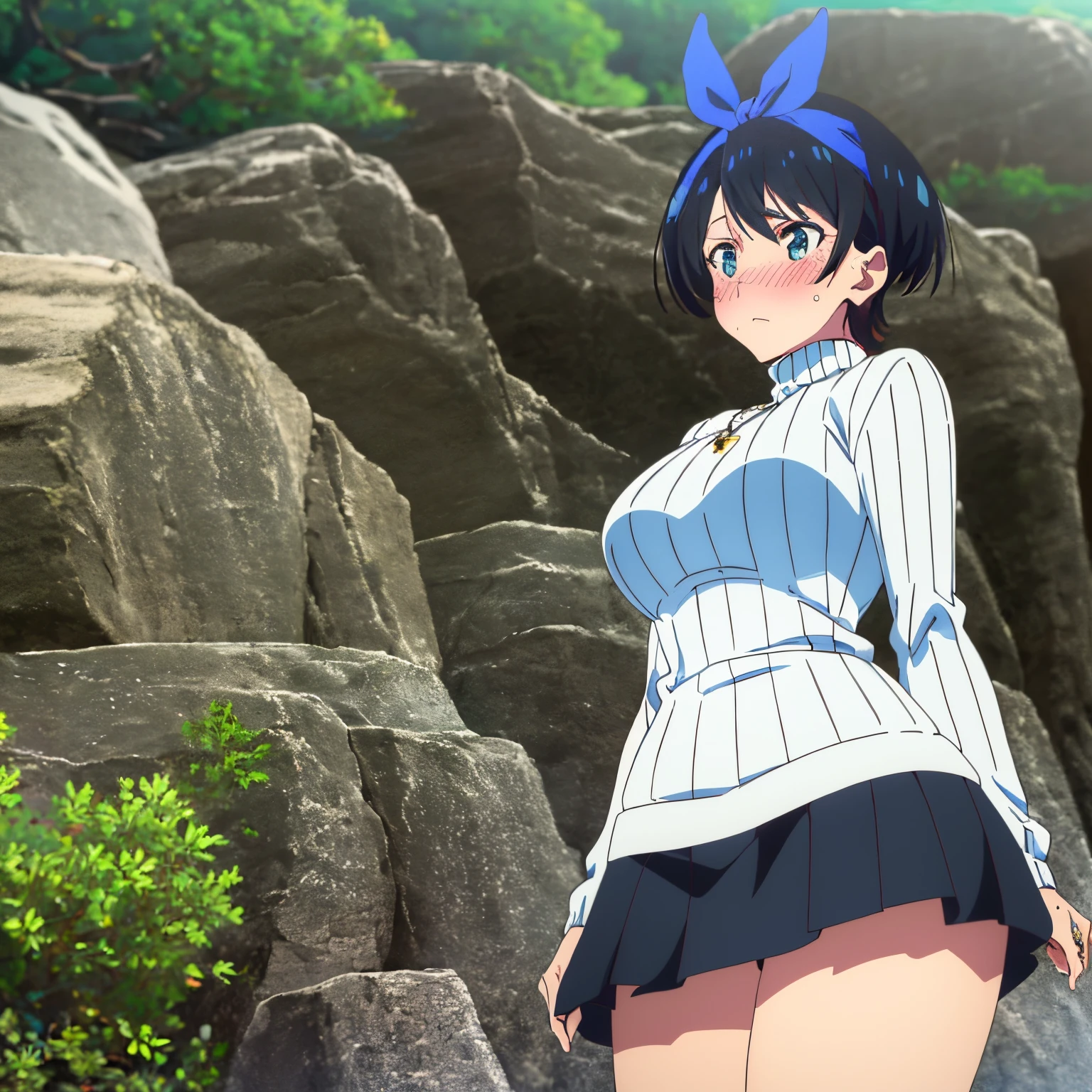 masterpiece, best quality, 1 girl, alone, Ruka Sarashina, jewelry, necklace, black skirt, black hair, short hair, white ribbed sweater, socks, turtleneck sweater, white socks, blue eyes, long sleeves, pleated skirt black, bow, hair band, headband, hair bow, blue bow, bangs, big breasts, medium waist, wide hips, wide thighs, white sweater, sarashina ruka, big breasts, outdoors, , blush , photo of cowboy, from below, showing underwear, white panties, embarrassed