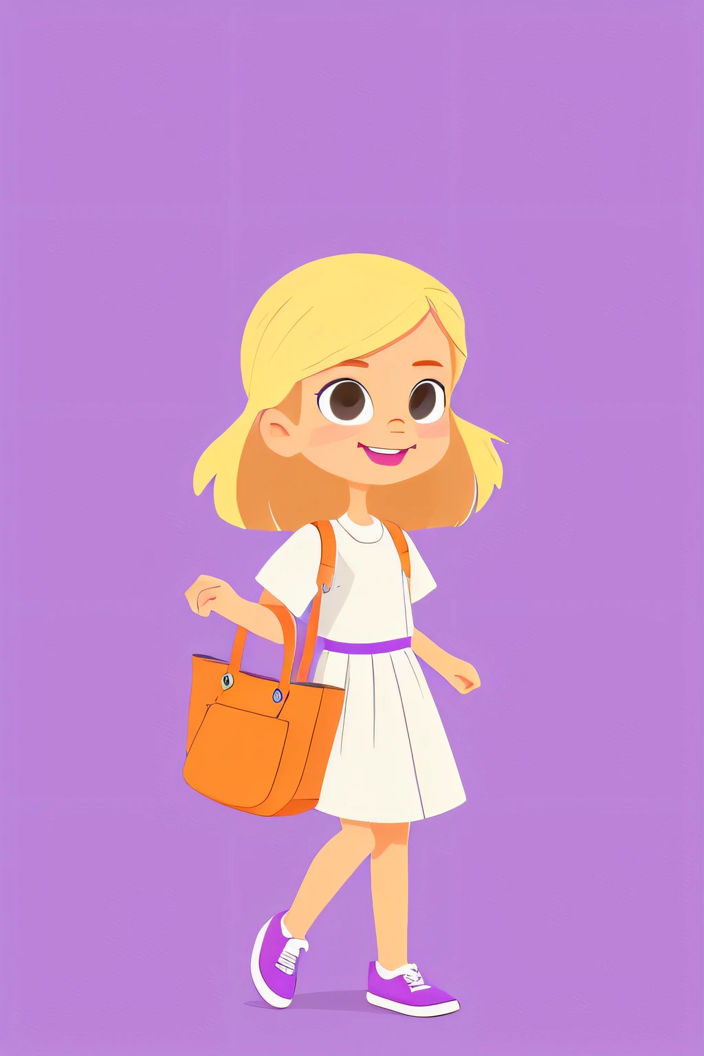 1 girl, cartoon girl, cartoon style, solo, blonde hair, violet dress, walking, holding bag, full body, big head, colorful, flat color, white background, simple background