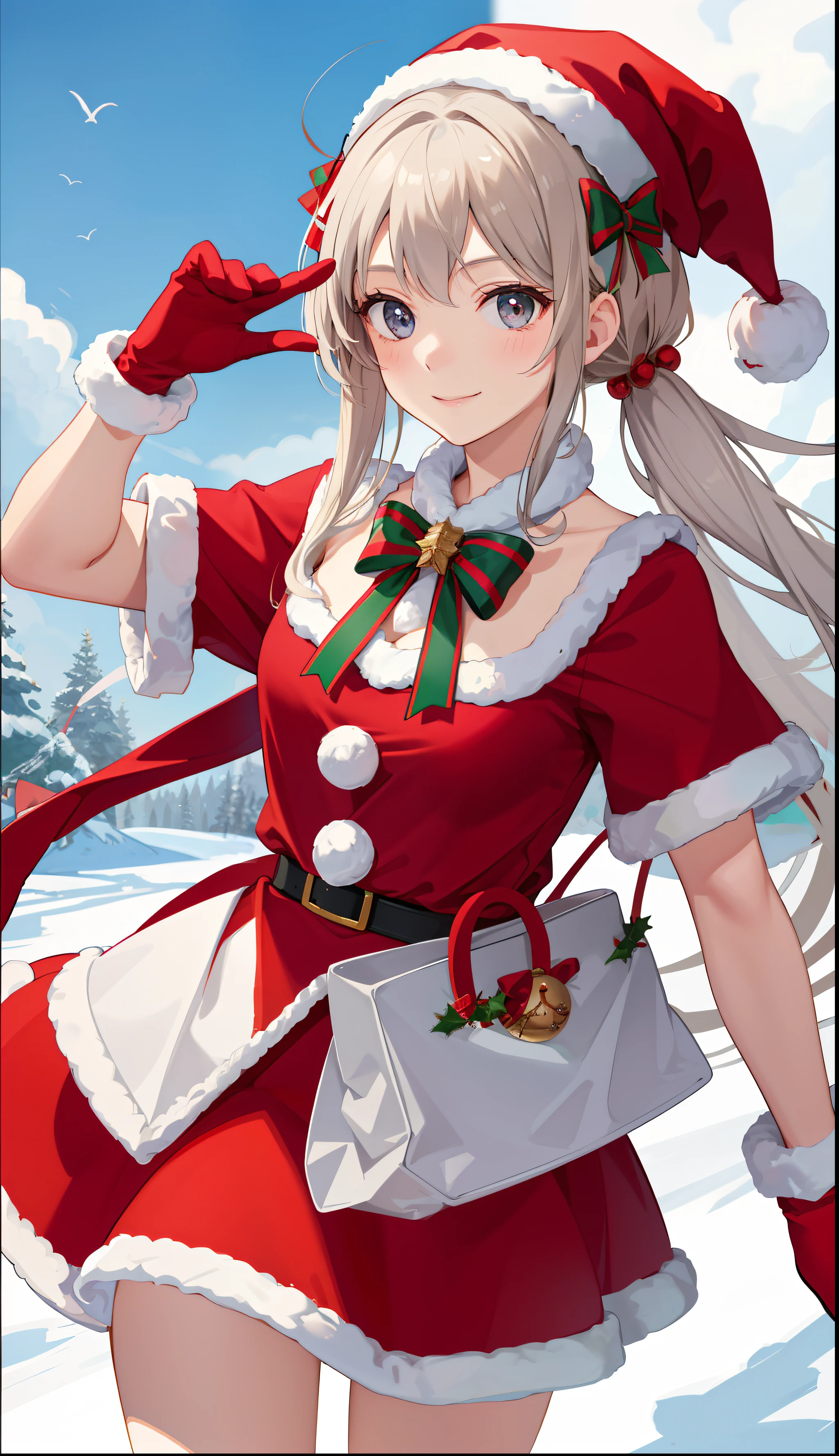 1girl in、A smile、Christmas、Dressed in Santa Claus costume、