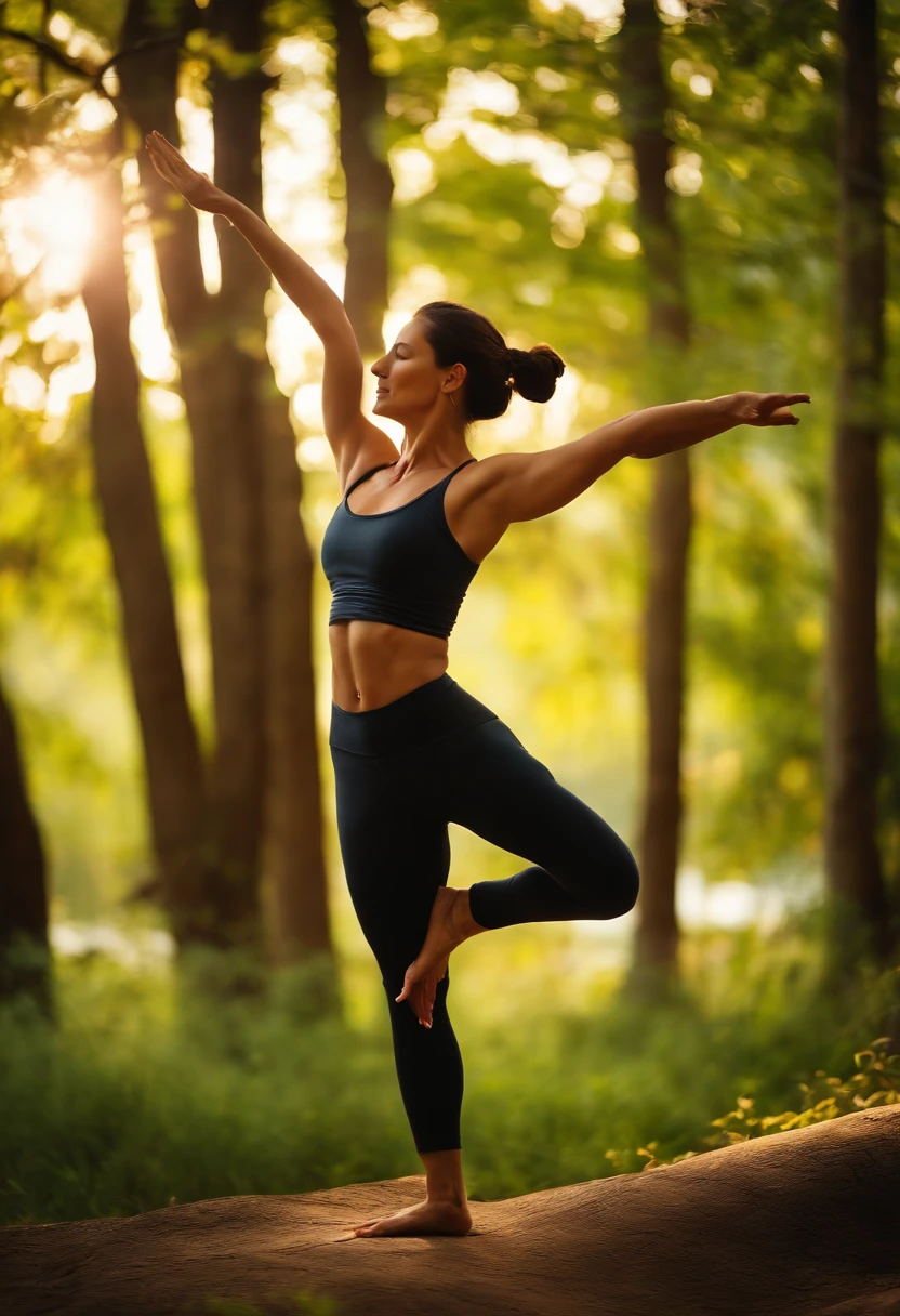 Create vivid yoga pose photography, Inspired by Anne Leibovitz. Imagine the peaceful figure in tree pose, Surrounded by lush greenery. Lens size should be 50mm, Capture the focused expression of the practitioner. Use warmth, Golden hour lights create a sense of tranquility