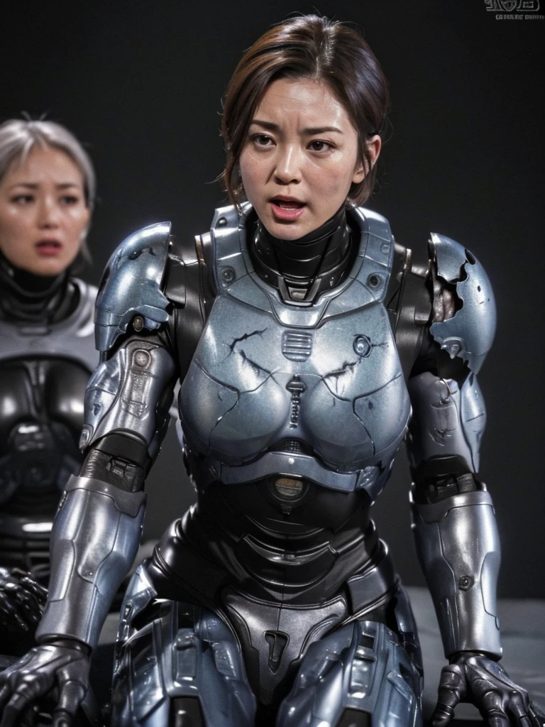 ((Two middle-aged women))Textured skin, Super Detail, high details, High quality, Best Quality, hight resolution, 1080p, , Beautiful,(War Machine),beautiful cyborg woman,Mecha Cyborg Girl,(Full body crimson armor)((heavily damaged armor)),A woman with a feminine mechanical body、Gentle face　A dark-haired,Fulll body Shot)、、Very sweaty face、groggy expression、laying on back、Turn your face at an angle、Opening Mouth((put out the tongue)、Smoke comes from the whole body((Deep cracks in the armor of the whole body))(short-haired　Opening legs　vaginal