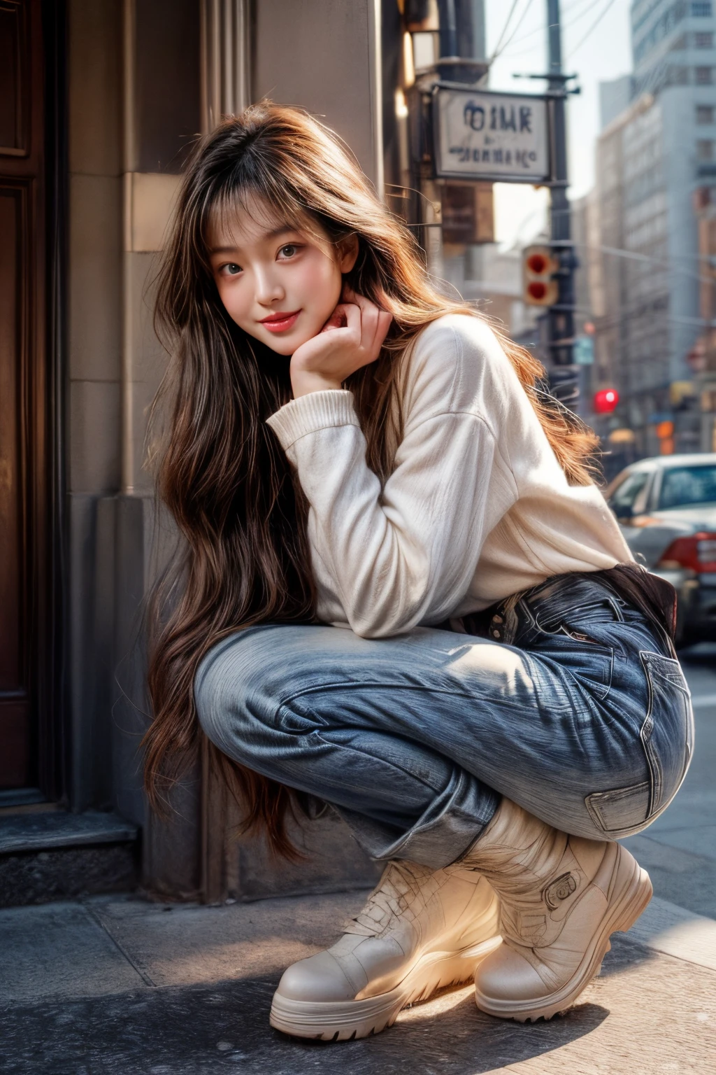 ​masterpiece、8K、32K、top-quality、(A detailed eye)、(A cute Japanese woman、bangss)、23years old、1 girl in、elegent、(Detailed background depiction、portlate:1.2)、(Onepiece:1.2)、new york streets、Sunlight、during daytime、(long boots:1.1)、cowboy  shot、ssmile、(zoomout:1.4)