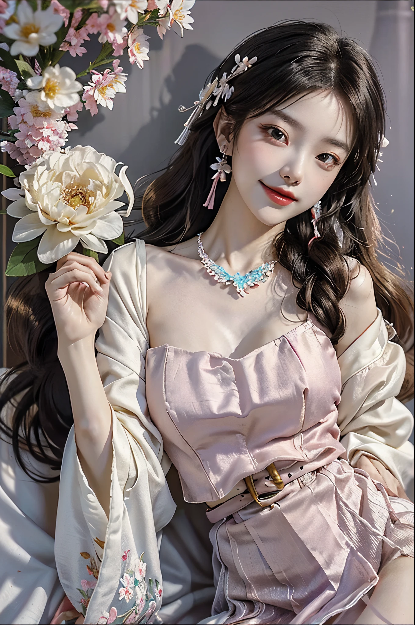 ((Knee Shooting)), satellite view, bird's eyes view, ((actual)), 1 Asian female model, A young girl, (Close-up cleavage), (Lie flat, Lie down in bed, Cross ed leg), Pleasing posture, Various poses to attract attention, flirty skirt, detailed scene, Thin leg, curlies, hair pin, beautiful hair ornaments, Brownish-yellow hair, light make-up, blush blush, glossy on lips, (Hanfu), ((White flower hanfu, Draped in silk, DEEP-V COLLAR, high-waist, nice belt)), (white colors, in pink, purpleish color, cyan colors), ((illuminate warmly, warm color palette)), (Extremely high color saturation), Detailed details, ultra - detailed, (tmasterpiece, Best quality at best), (An extremely delicate and beautiful work), Delicate earrings, Delicate necklace, simple blurr background, Extremely detailed description, Ultra-fine painting, delicated face, slim toned body, Slimming the waist, (Happy smile), (Anatomical correct)