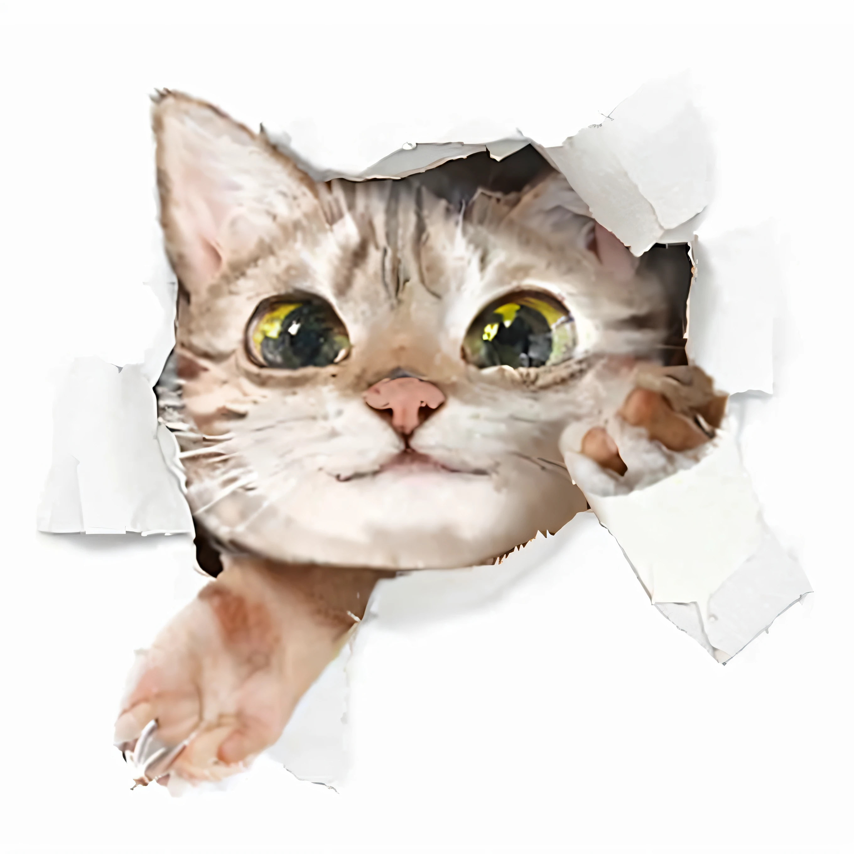 cute little cat，largeeyes，torn white paper，hides，Photorealsitic，High Picture Quality，with a pure white background