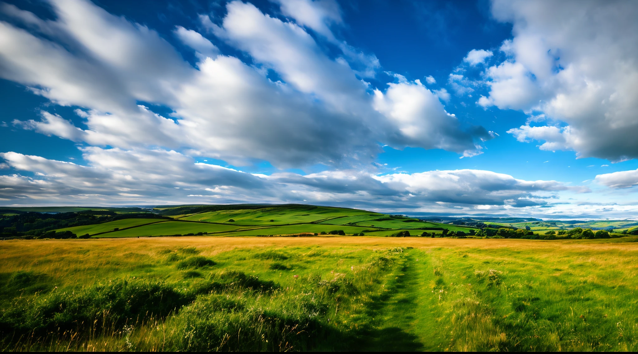steppe landscape，blues sky and clouds, green forest, Dingdall effect，a country road，Colorful hot air balloons，high quality desktop wallpaper, verdant forest, detailed fields nature, beautiful english countryside, Stunning landscape, Rolling hills, Landscape wallpaper, lush countryside, Patches of green forest, breathtaking landscape, green fields in the background, High quality wallpaper, Beautiful wallpaper