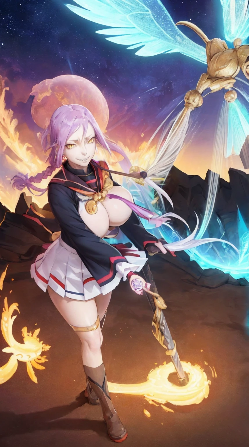 1girl, solo, looking at viewer, cowboy shot, hand arms full body,boots, standing,cute,breast, curvy, female,fantasy goddess,there is a cartoon picture of a woman with a very large breast, glowing divine being, glowing holy aura, inspired by Luma Rouge, the non-binary deity of spring, ethereal rainbow nimbus, the butterfly goddess of fire, inspired by Mariel, glowing aura around her, astral wind, as the goddess of the saturn, “uwu the prismatic person, big breast, serious, beautiful eyes, , full body, walking, long robe, long dress, ,priestess ,holy, smile, god rays, ray tracing, sparkle, cinematic lighting, UHD, retina, masterpiece, ccurate, anatomically correct, textured skin, super detail, high details, high quality, award winning, best quality, highres, 1080P, HD, 4K, thunder aura, light aura,full, snak staff,closed mouth #re:creators #maggane chikujoin: chikujoin magane sharp teeth single braid school uniform serafuku pleated skirt thighhighs gloves earrings Version No.:, long skirt, sharpteeth smile, pullover,tunic, standing, posing