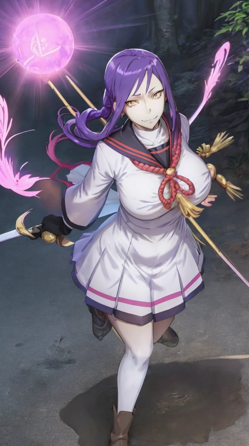 1girl, solo, looking at viewer, cowboy shot, hand arms full body,boots, standing,cute,breast, curvy, female,fantasy goddess,there is a cartoon picture of a woman with a very large breast, glowing divine being, glowing holy aura, inspired by Luma Rouge, the non-binary deity of spring, ethereal rainbow nimbus, the butterfly goddess of fire, inspired by Mariel, glowing aura around her, astral wind, as the goddess of the saturn, “uwu the prismatic person, big breast, serious, beautiful eyes, , full body, walking, long robe, long dress, ,priestess ,holy, smile, god rays, ray tracing, sparkle, cinematic lighting, UHD, retina, masterpiece, ccurate, anatomically correct, textured skin, super detail, high details, high quality, award winning, best quality, highres, 1080P, HD, 4K, thunder aura, light aura,full, snak staff,closed mouth #re:creators #maggane chikujoin: chikujoin magane sharp teeth single braid school uniform serafuku pleated skirt thighhighs gloves earrings Version No.:, long skirt, sharpteeth smile, pullover,tunic, standing, posing