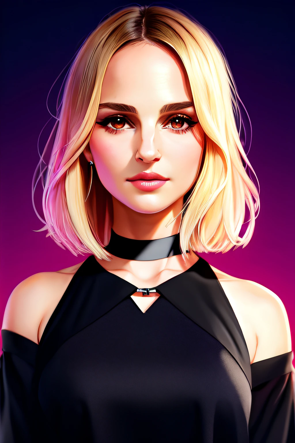 uo,flat vector art,beautiful anime style woman,Natalie Portman, solo,,choker, blonde_hair, black_choker, lips, short_hair, brown_eyes, shirt, smile, looking_at_viewer, black_shirt, blue_background, collarbone, closed_mouth, portrait, flat colors,cute head,wide angle, clean detailed faces, intracate clothing, analogous colors, glowing shadows, beautiful gradient, depth of field, clean image, high quality, high detail, high definition, Luminous Studio graphics engine, cute face,