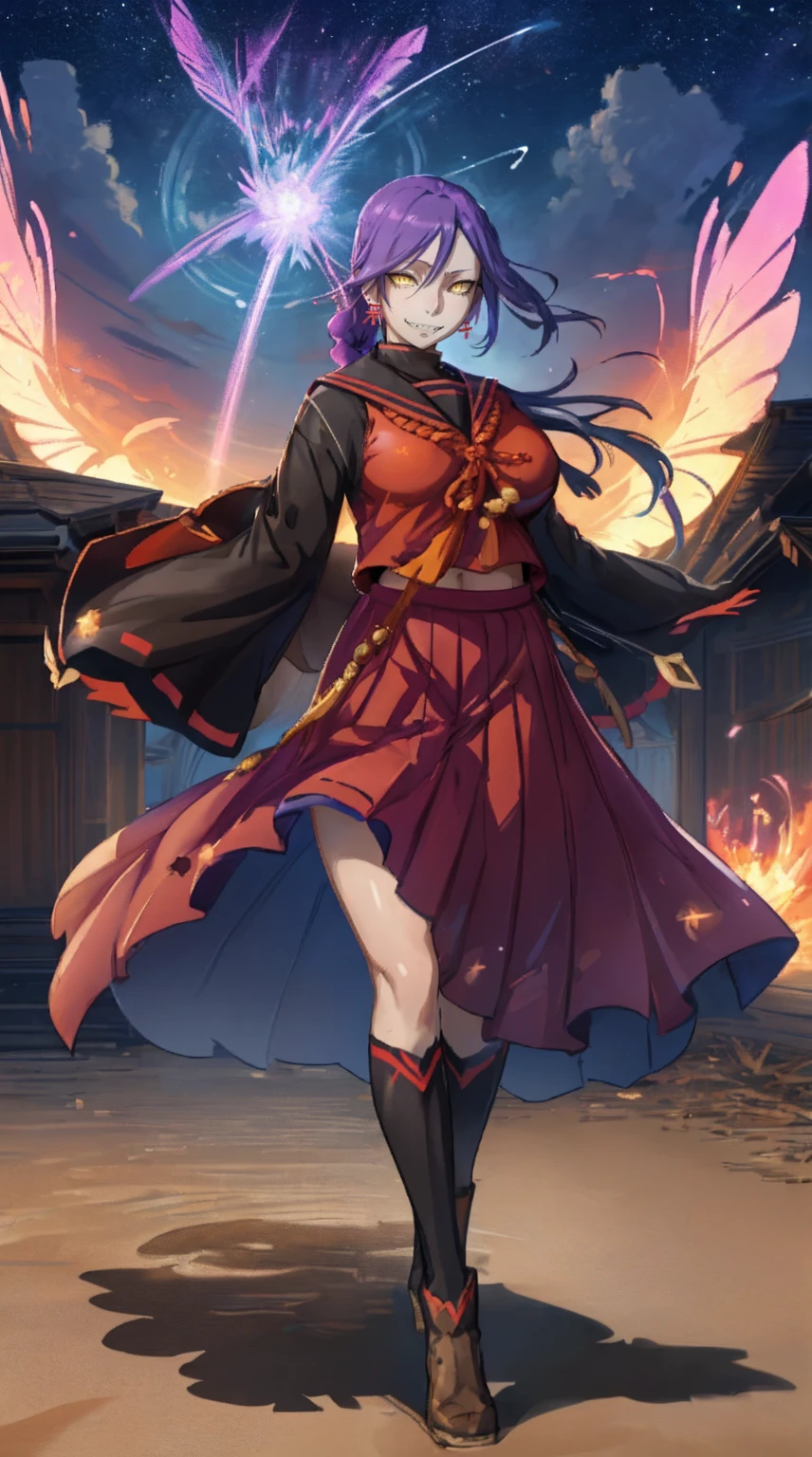 1girl, solo, looking at viewer, cowboy shot, hand arms full body,boots, standing,cute,??????, curvy, female,fantasy goddess,there is a cartoon picture of a woman with a very large ??????, glowing divine being, glowing holy aura, inspired by Luma Rouge, the non-binary deity of spring, ethereal rainbow nimbus, the butterfly goddess of fire, inspired by Mariel, glowing aura around her, astral wind, as the goddess of the saturn, “uwu the prismatic person, big ??????, serious, beautiful eyes, , full body, walking, long robe, long dress, ,priestess ,holy, smile, god rays, ray tracing, sparkle, cinematic lighting, UHD, retina, masterpiece, ccurate, anatomically correct, textured skin, super detail, high details, high quality, award winning, best quality, highres, 1080P, HD, 4K, thunder aura, light aura,full, snak staff,closed mouth #re:creators #maggane chikujoin: chikujoin magane sharp teeth single braid school uniform serafuku pleated skirt thighhighs gloves earrings Version No.:, long skirt, sharpteeth smile, pullover,tunic, standing, posing