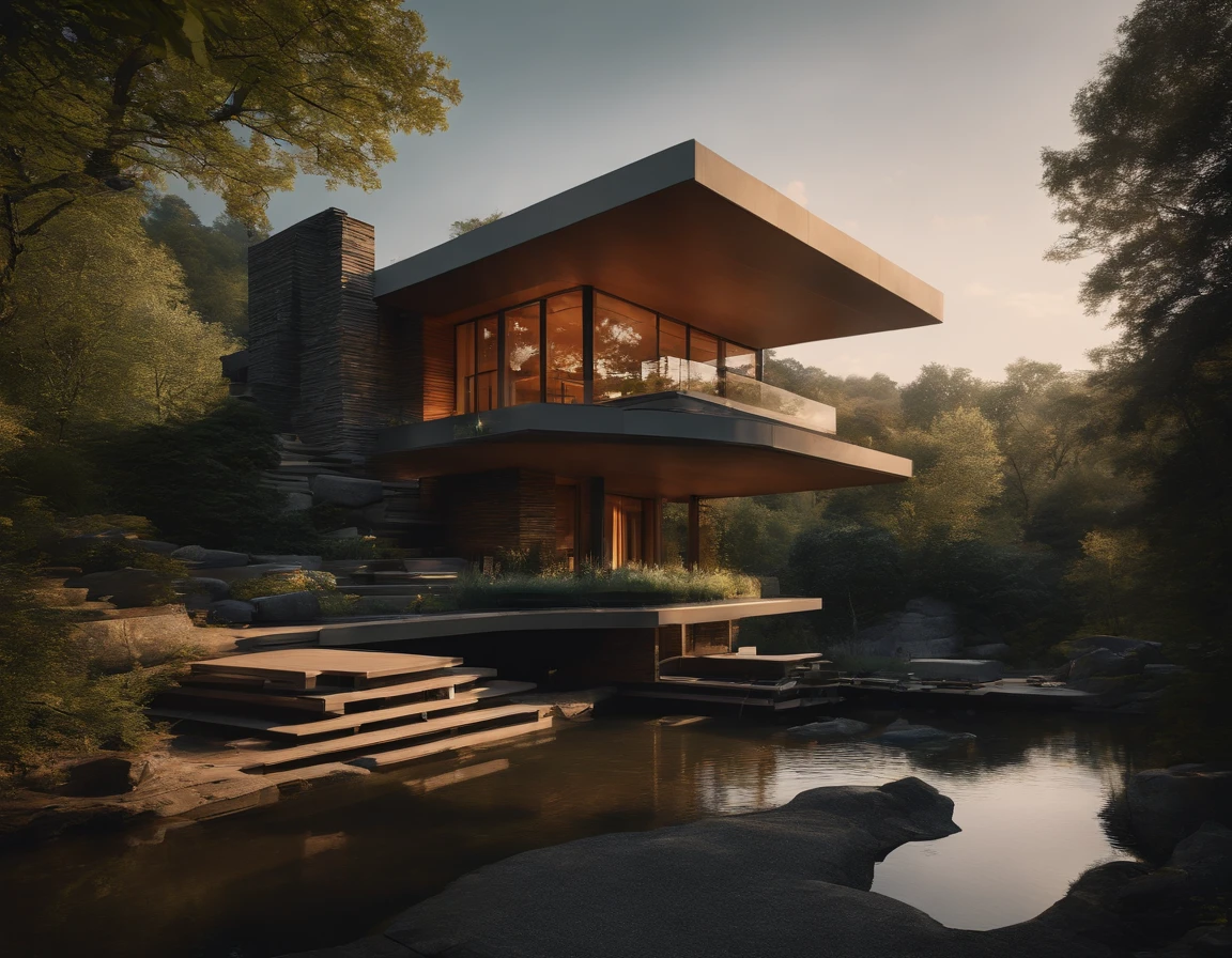 (((An amazing house))), (minimalism and brutalism style influence), ((Frank Lloyd Wright Fallingwater)),(((with large terraces))), (((Wooden panels in dark grey))) (beautiful gardens), ((natural lake)), waterfall ((top of a small hill)), (in edge of a river), sunset, big, deep and beautiful clouds, illustration format, cool and warm color palette, high contrast, hard shadows (Masterpiece, highest quality), (Exquisite lighting and shadow, highly dramatic picture, Cinematic lens effect), (((Simon Stålenhag visual style))) one-story house, big panorama windows, 200 square meter house, etage, avantgarde, future, flat roof, architecture, modern, very green garden