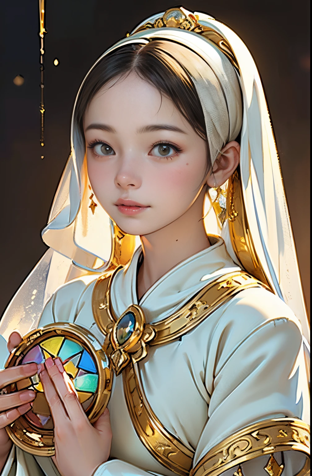 Monna Lisa, Pale colors(Fantasy Sister, Robe with gold decoration, Offering Prayers, chies)superfine illustration(Colorful stained glass, Stereoscopic lighting, Back lighting, good lighting, Colorful refraction)depth of fields(very detailed beautiful face and eyes)Perfect Anatomy(angelic cute 1girl)