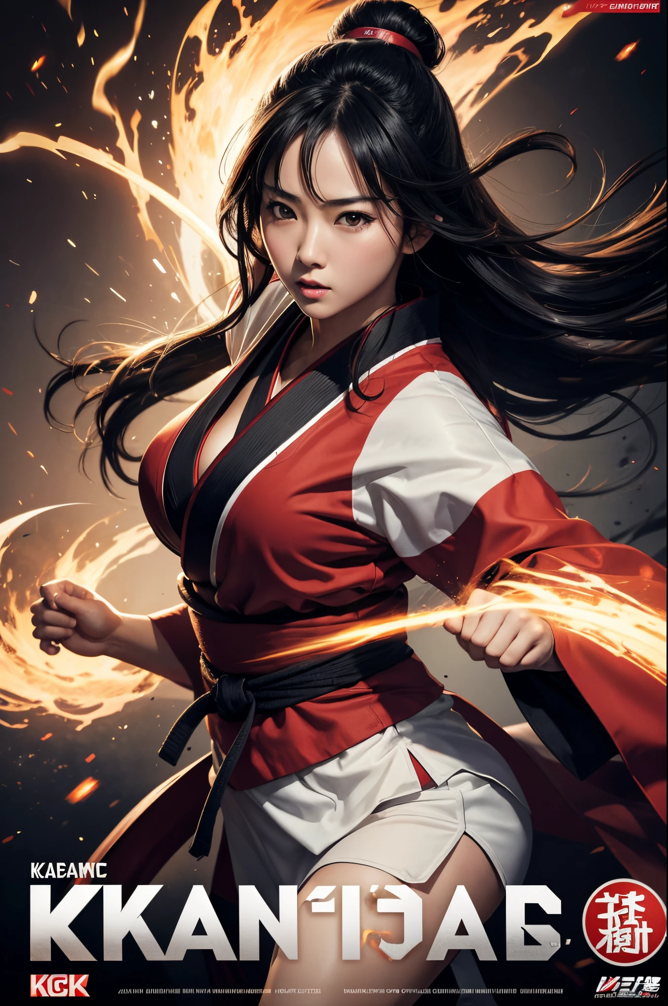 8K,Japanese Lady,A dark-haired,kimono,high quality karate、Dynamic Actions、Kick up high,movimentos poderosos、dynamic background for sports poster。large full breasts,frontage,Look at viewers,glareing