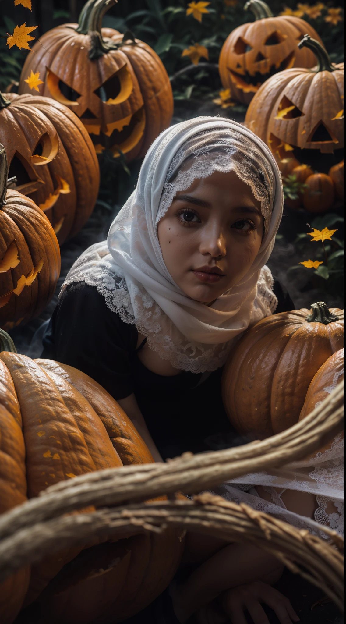 malay Girl in hijab, big boobs, white lace bra and panties, (Halloween lingerie), black background, lot of smoke effect below pumkins, (squat in big pumkins), many pumkins, spooky, autumn leaves, maple, horror, Super 8mm lense, close-up, Deep Focus cinematography effect, ultra detailed, high quality, 8k,