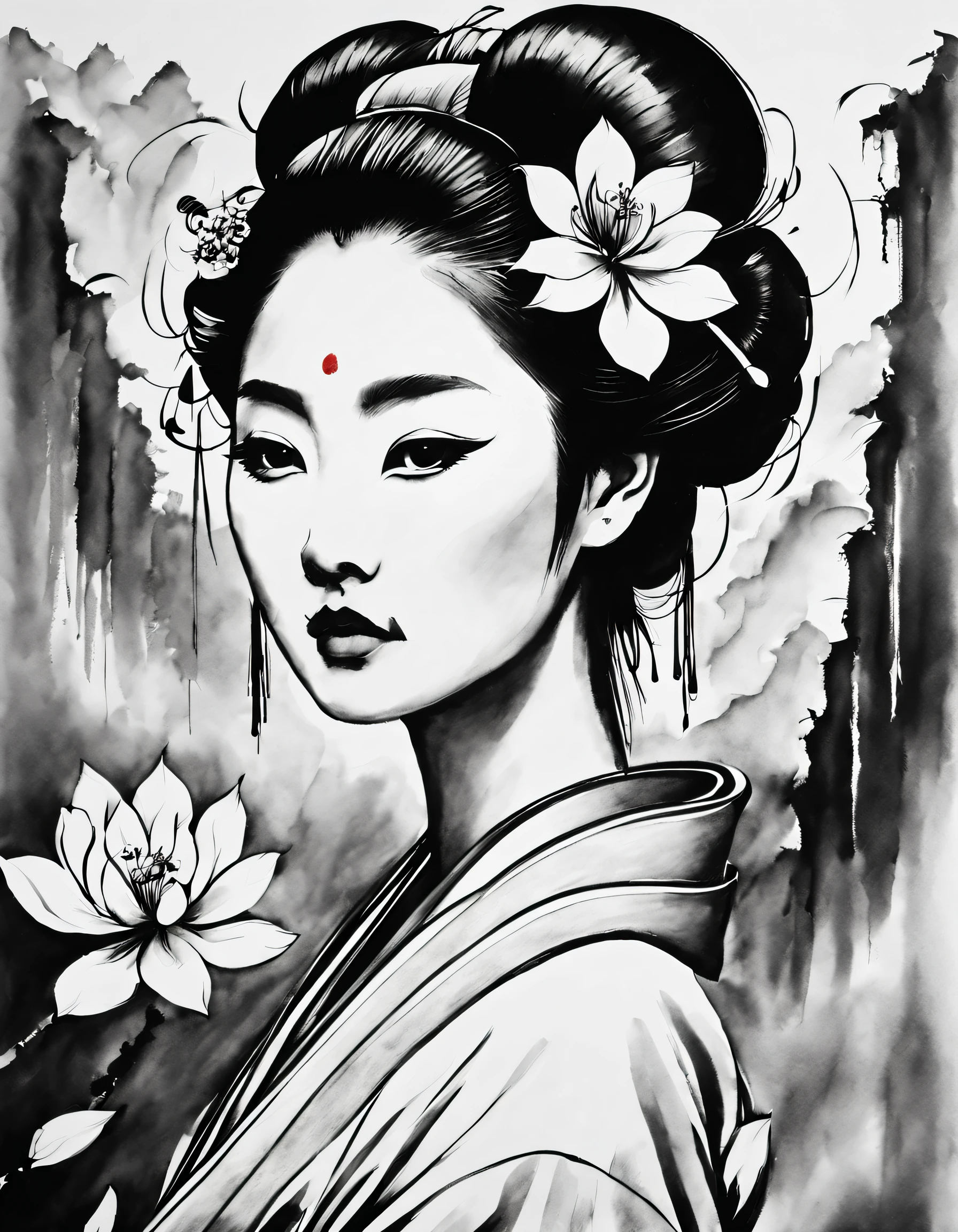 Geisha sketch, lofi, charcoal sketch, high contrast, by andrew loomis