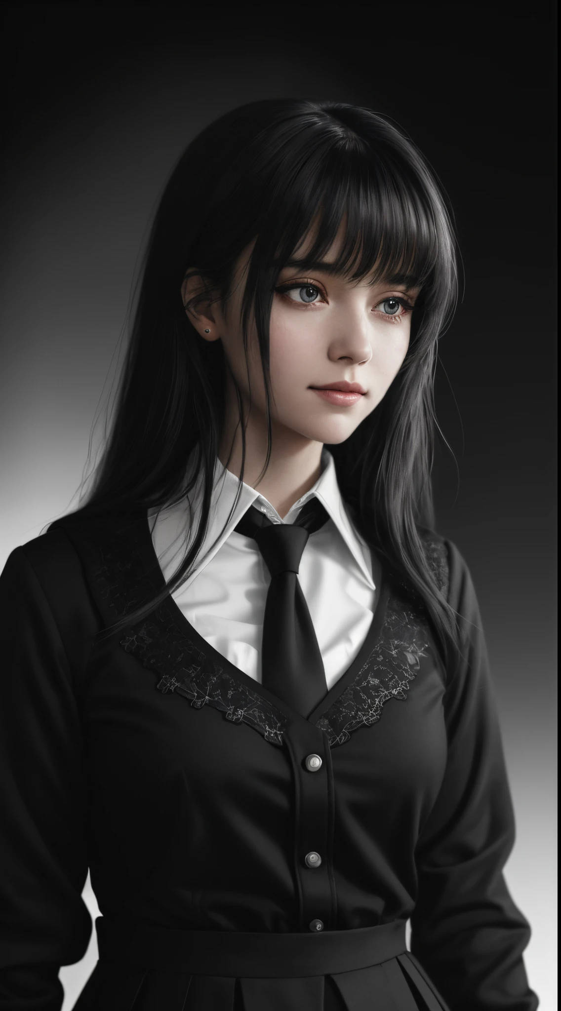 European woman, 30 year old woman, wearing Collared shirt, black necktie,Black skirt, , Intricate, High Detail, Clear Focus, Dramatic, ((Best Quality)), ((Masterpiece)), High Resolution, Original, Very Detailed Wallpaper, Very Delicate and Pretty, Illustration, Cinematic Light, Volumetric Light, Halo Effect, Light Particles, ((1girl)), beautifuldetailedeyes, longsleeves, hoodie, frills, noshadow, simplebackground, (((black background))), bright, cinema, silhouette, grayscale, ((long hair)) slit pupils, (((looking into distance))), cinematic angles, ((((close-up))),(((portrait))), lens flare, seductive smile, medium hair, full frame